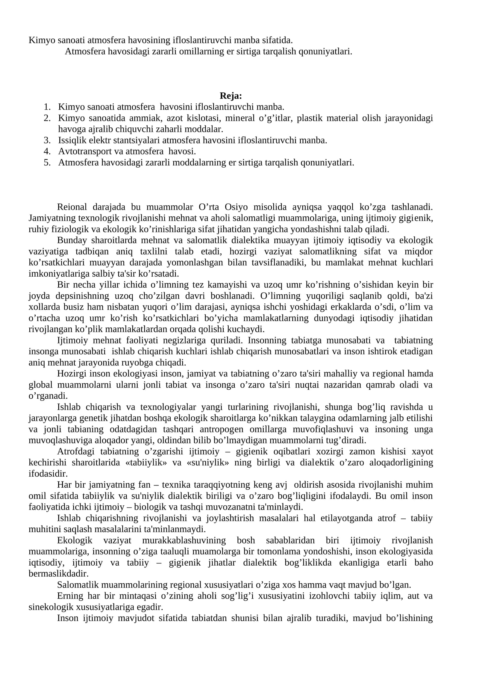 Kimyo sanoati atmosfera havosini ifloslantiruvchi manba sifatida