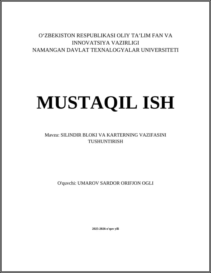 SILINDIR BLOKI VA KARTERNING VAZIFASINI TUSHUNTIRISH