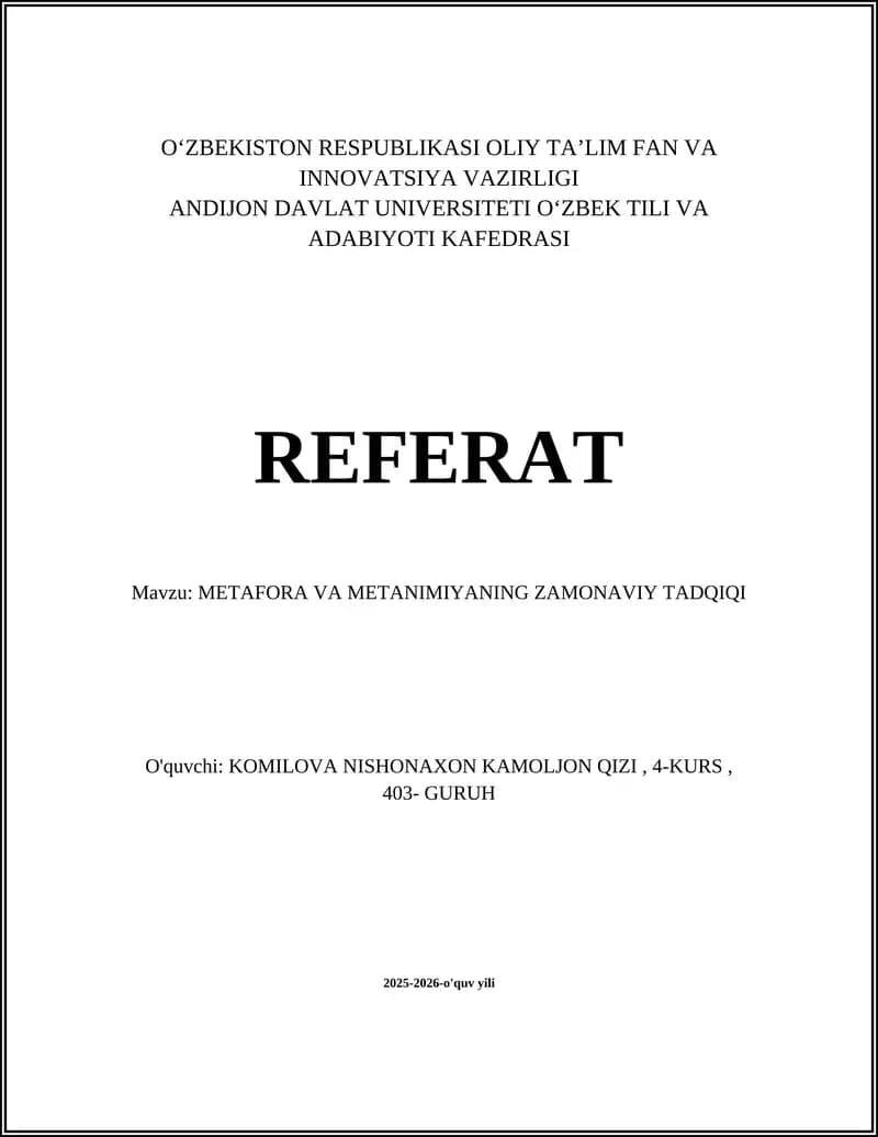 METAFORA VA METANIMIYANING ZAMONAVIY TADQIQI