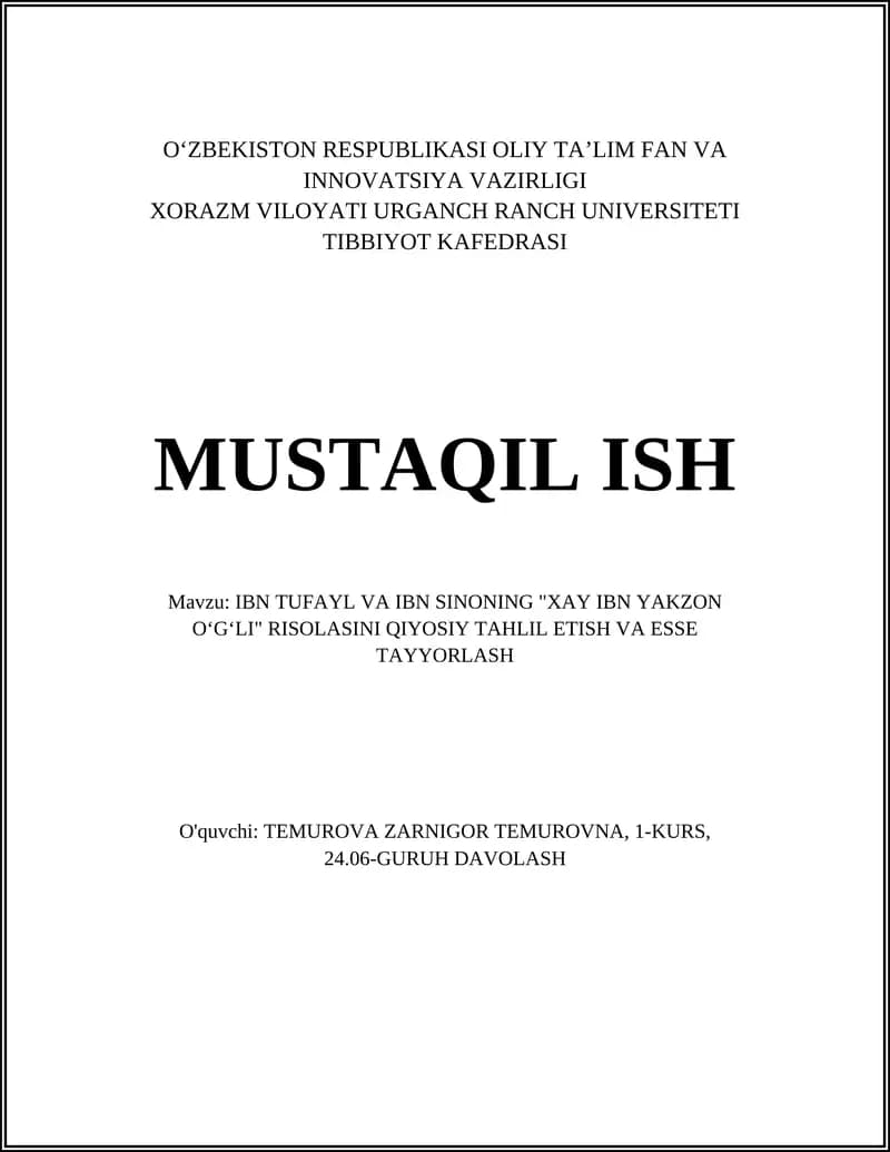 "Hayy ibn Yaqzan" risolasini tahlil etish