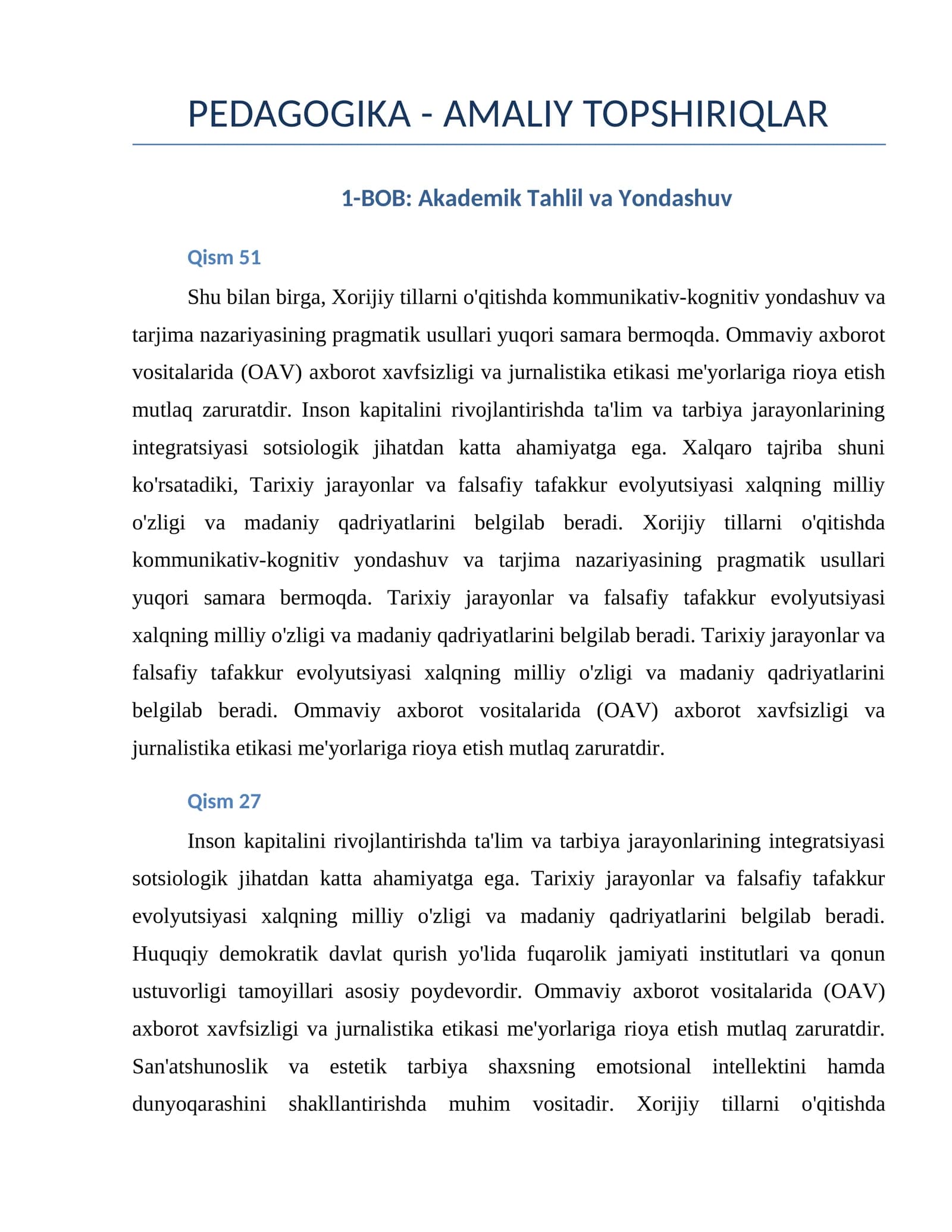 PEDAGOGIKA - AMALIY TOPSHIRIQLAR
