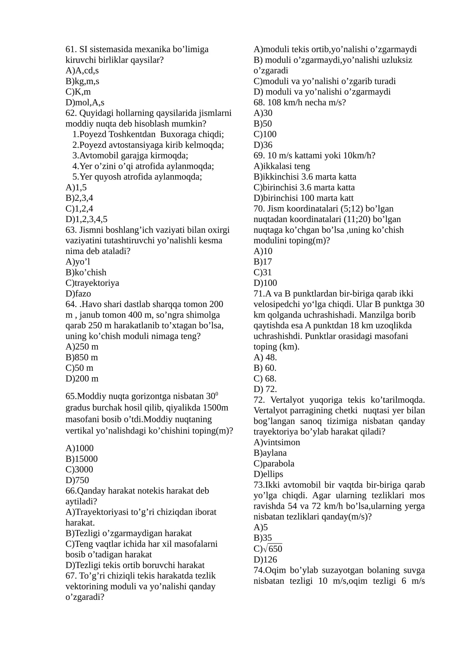Fizika testlar