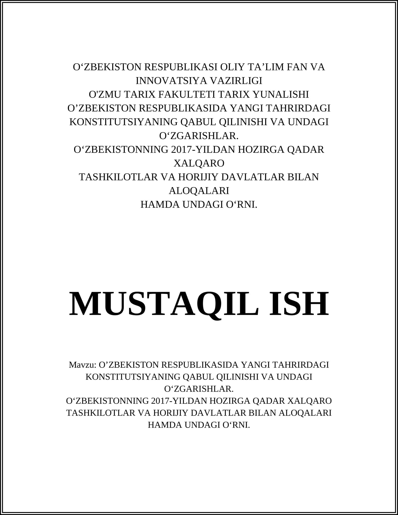 O'ZMU TARIX FAKULTETI TARIX YUNALISHI