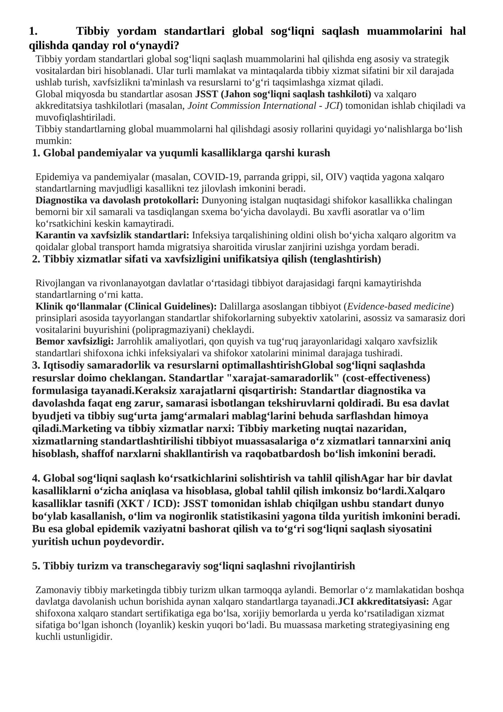 Tibbiy Yordam Standartlari va Global Sog'liqni Saqlash