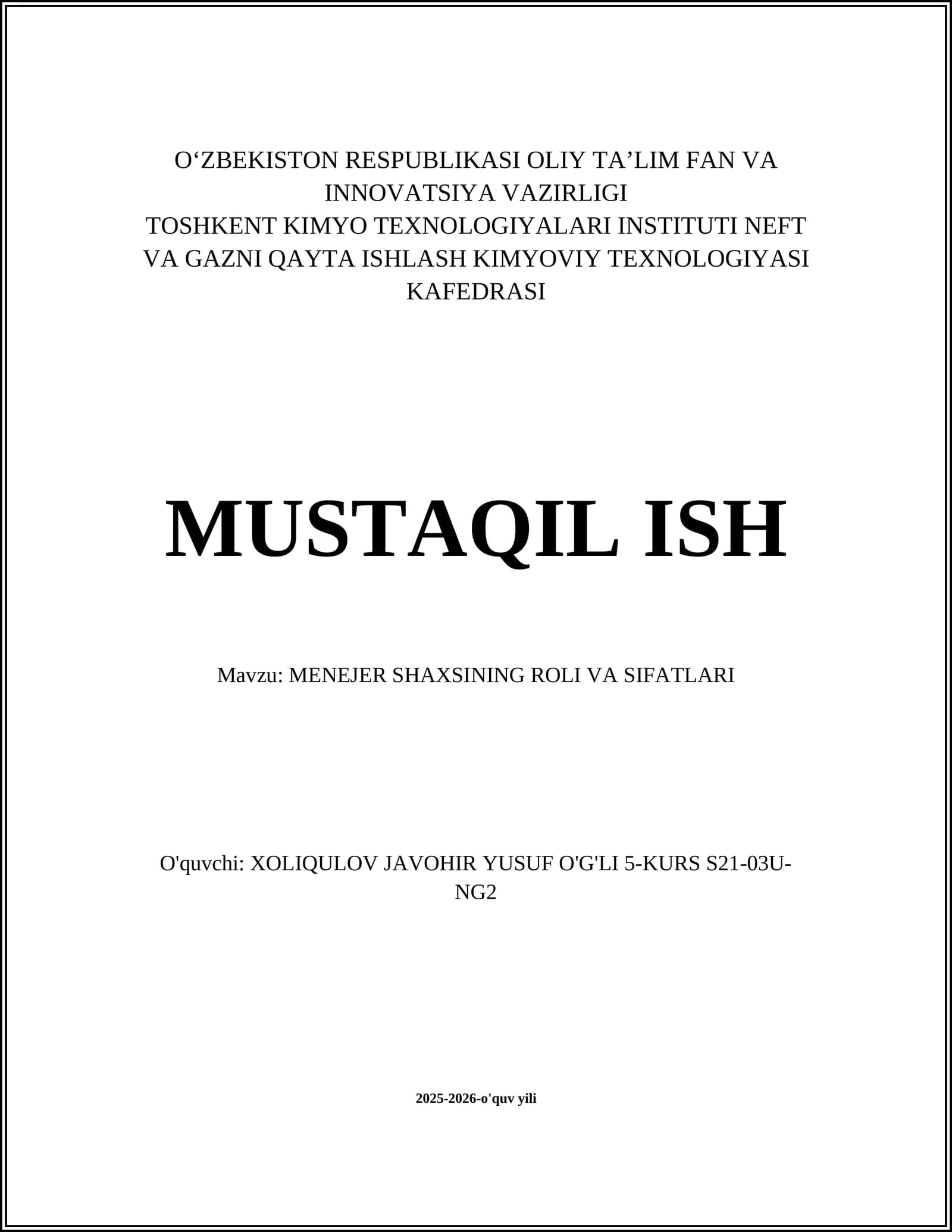 MENEJER SHAXSINING ROLI VA SIFATLARI