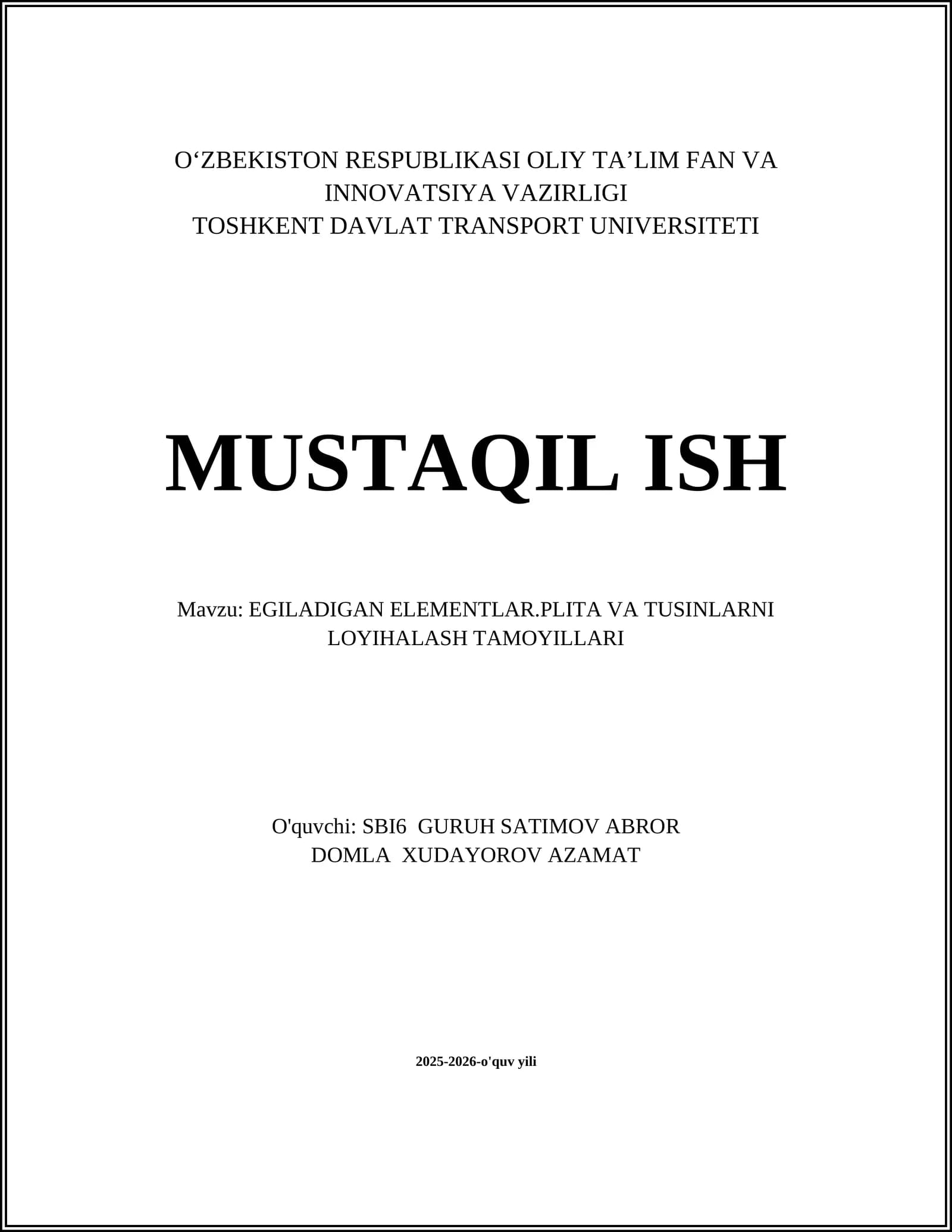 EGILADIGAN ELEMENTLAR.PLITA VA TUSINLARNI LOYIHALASH TAMOYILLARI