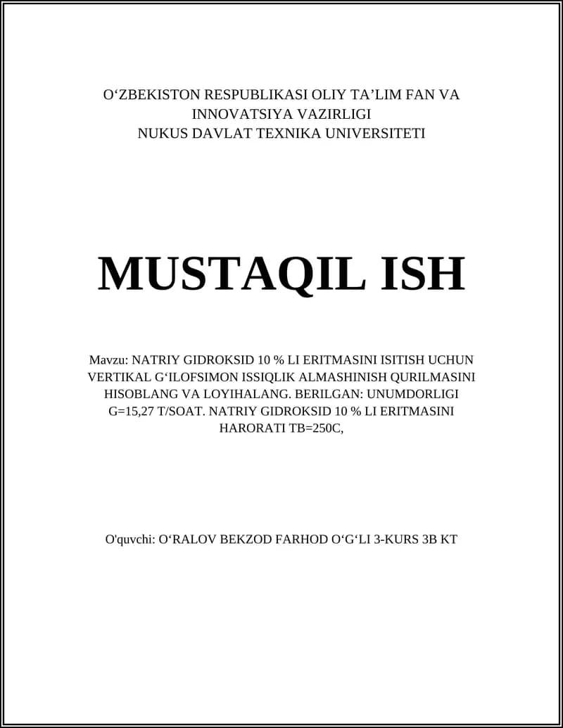Natriy Gidroksid 10% li eritmasini Isitish Uchun Vertikal G'ilofsimon Issiqlik Almashinish Qurilmasi