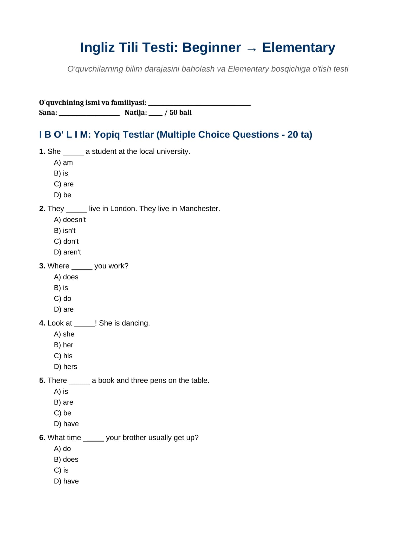 Ingliz tili testi: Beginner dan Elementary bosqichiga o'tish uchun testlar to'plami va javoblari