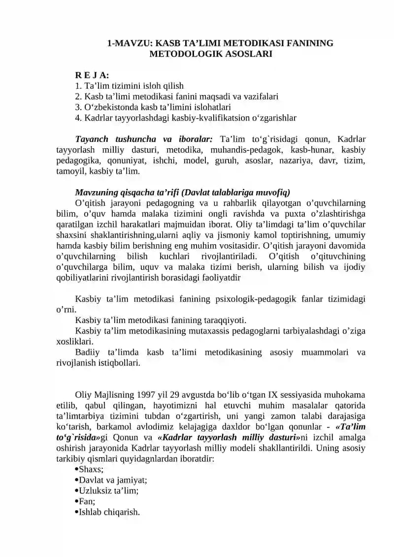 KASB TA’LIMI METODIKASI FANINING METODOLOGIK ASOSLARI