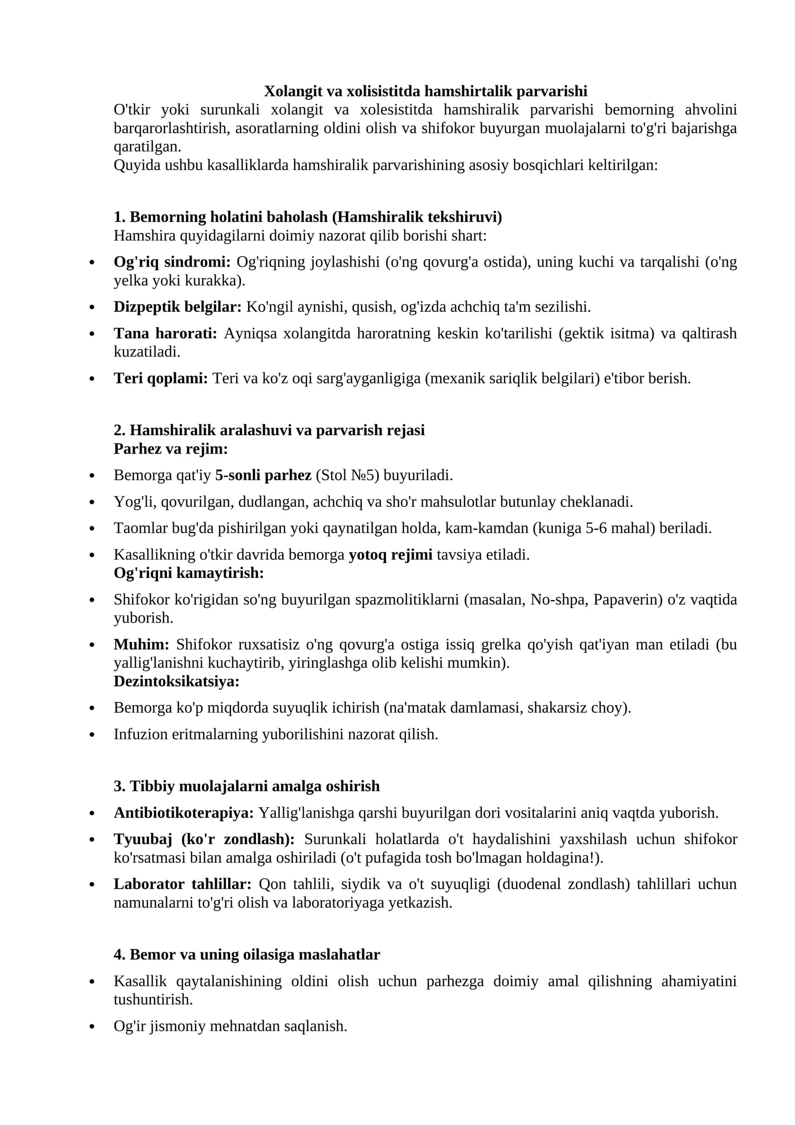 Xolangit va xolisistitda hamshirtalik parvarishi