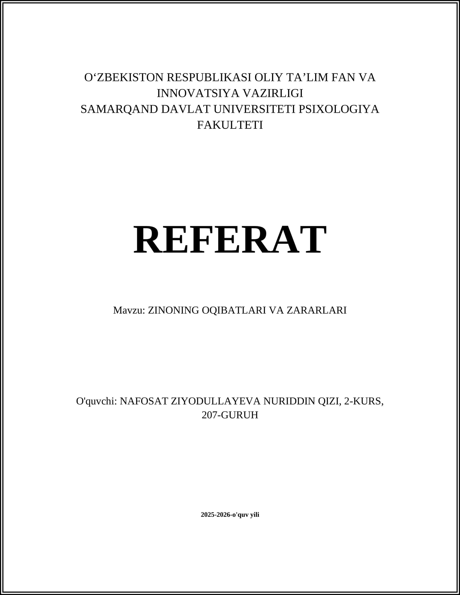 ZINONING OQIBATLARI VA ZARARLARI