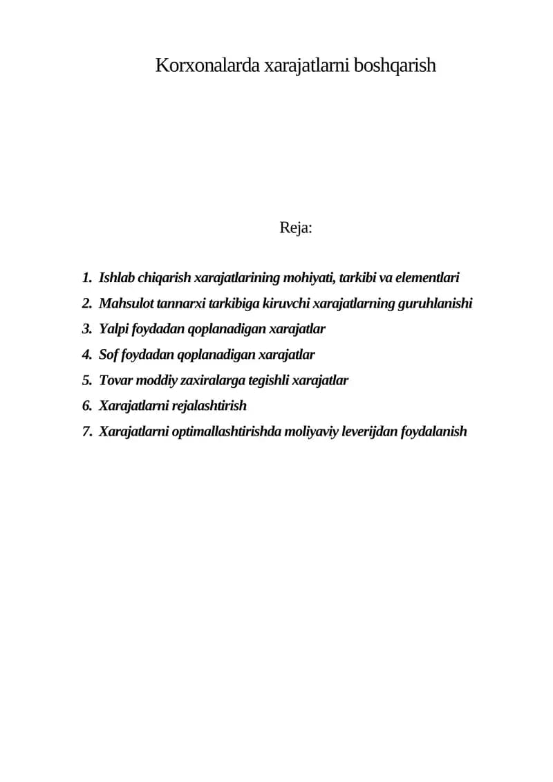 Korxonalarda xarajatlarni boshqarish