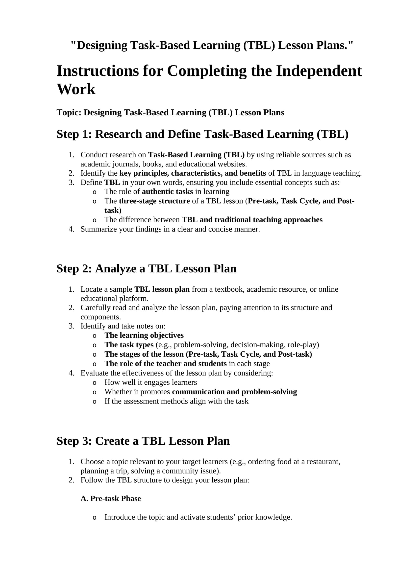 Designing Task-Based Learning (TBL) Lesson Plans