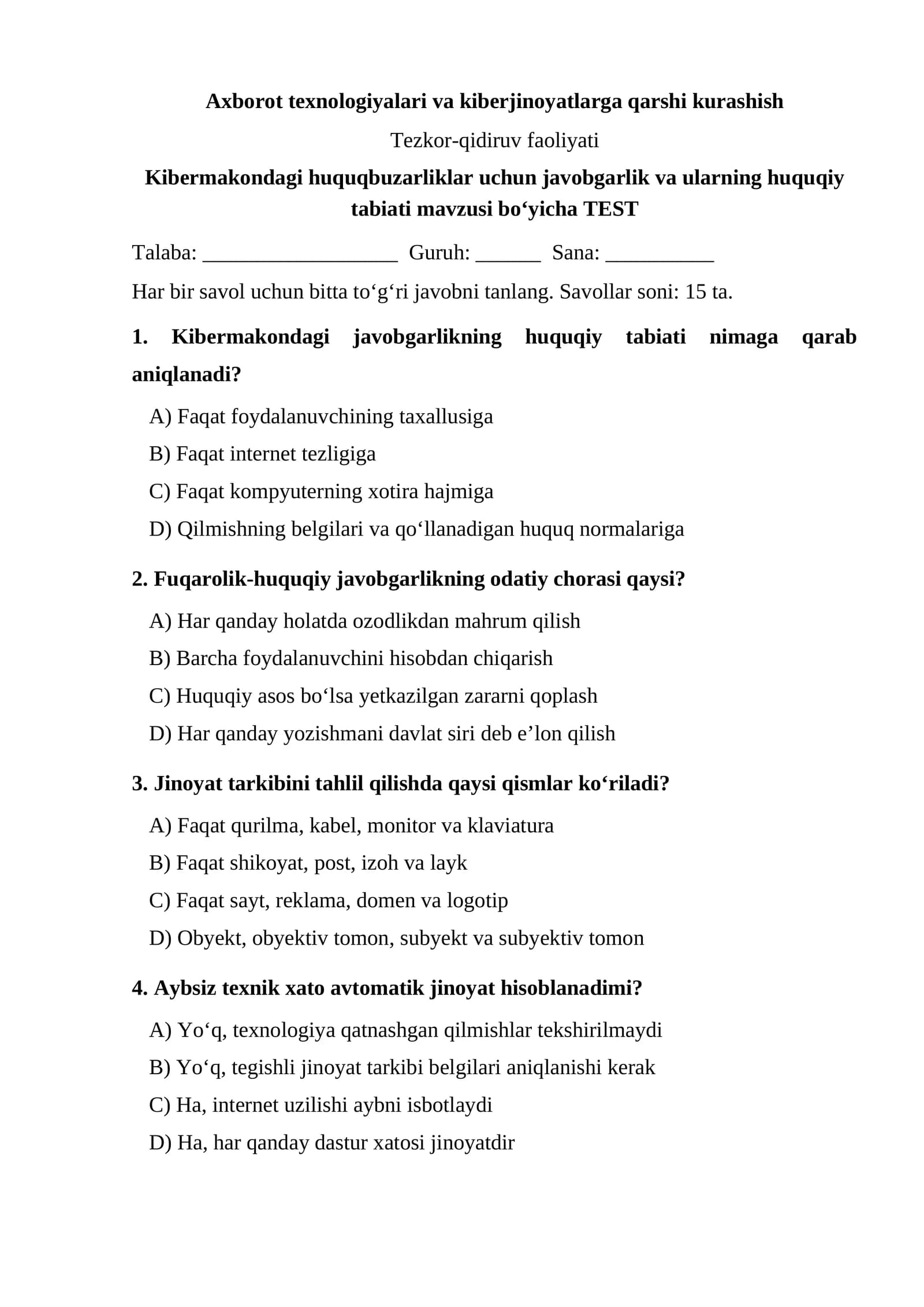 Kibermakondagi huquqbuzarliklar uchun javobgarlik va ularning huquqiy tabiati — TEST.docx