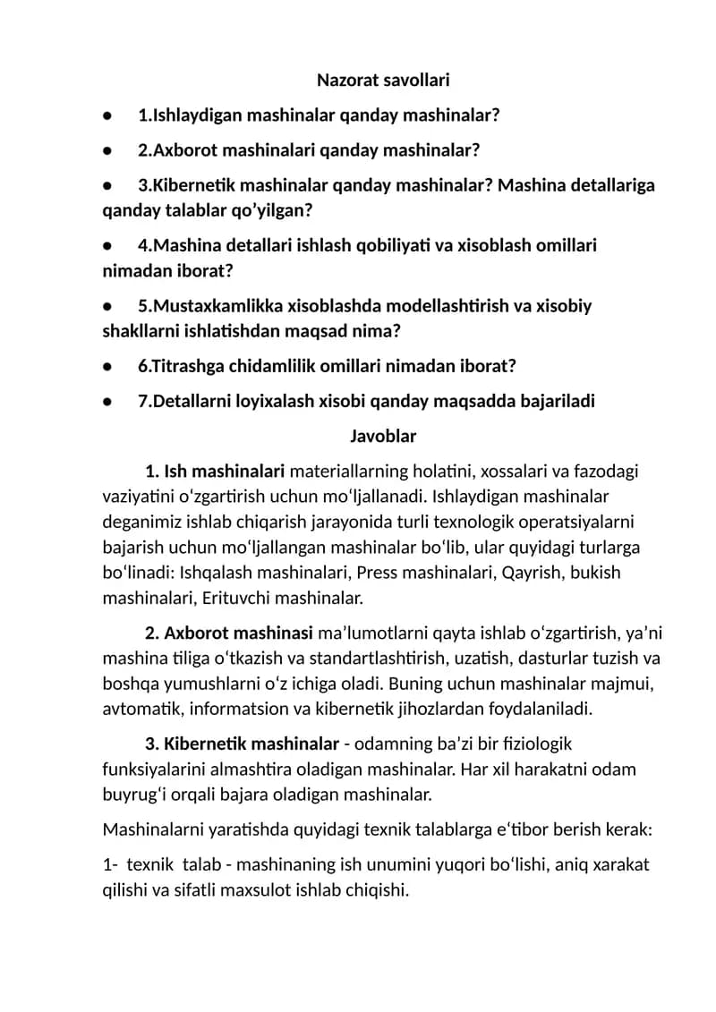 Mashina mexanizmlar xavfsizligi fanidan mazorat savollari