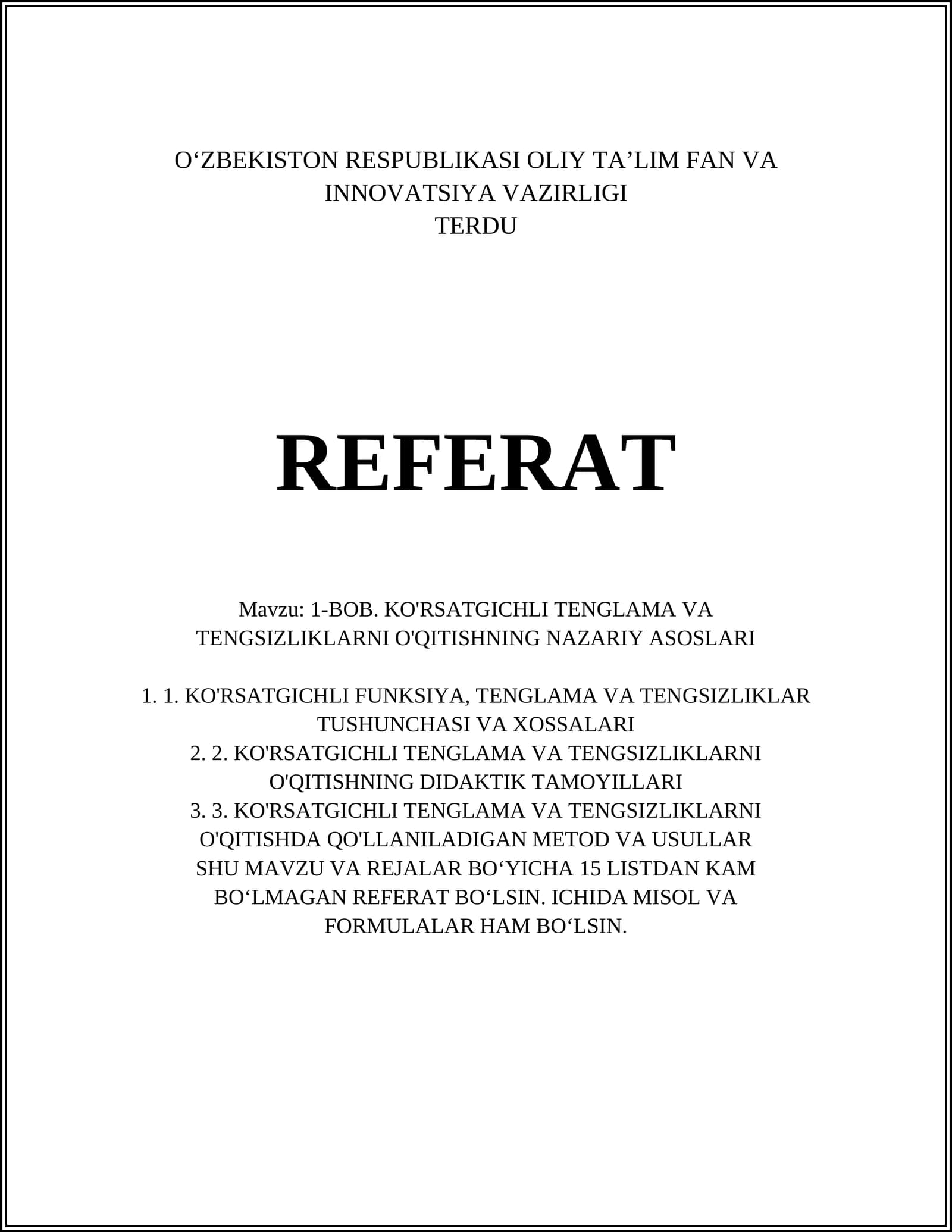 BOB. KO'RSATGICHLI TENGLAMA VA TENGSIZLIKLARNI O'QITISHNING NAZARIY ASOSLARI