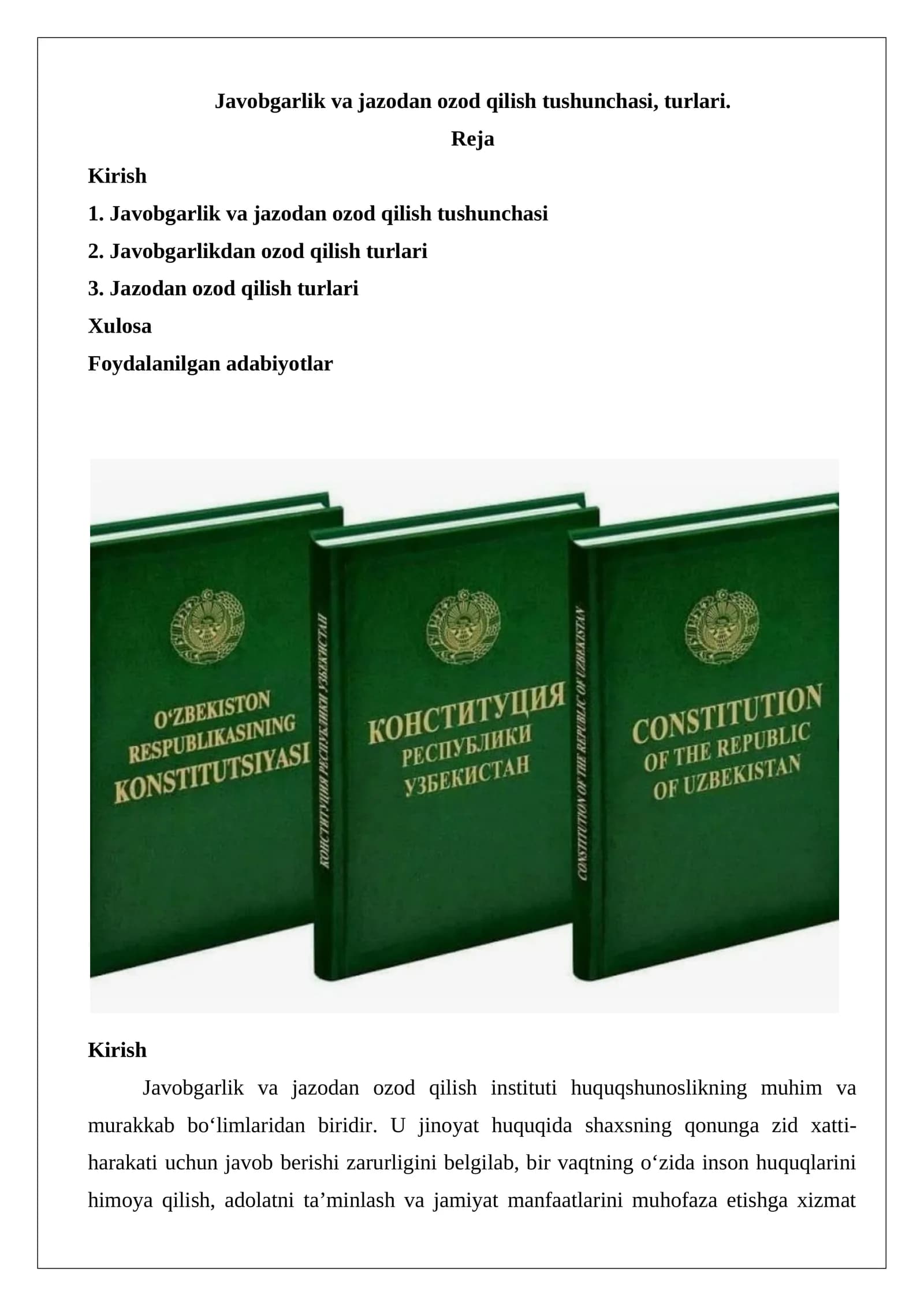 Javobgarlik va jazodan ozod qilish tushunchasi, turlari