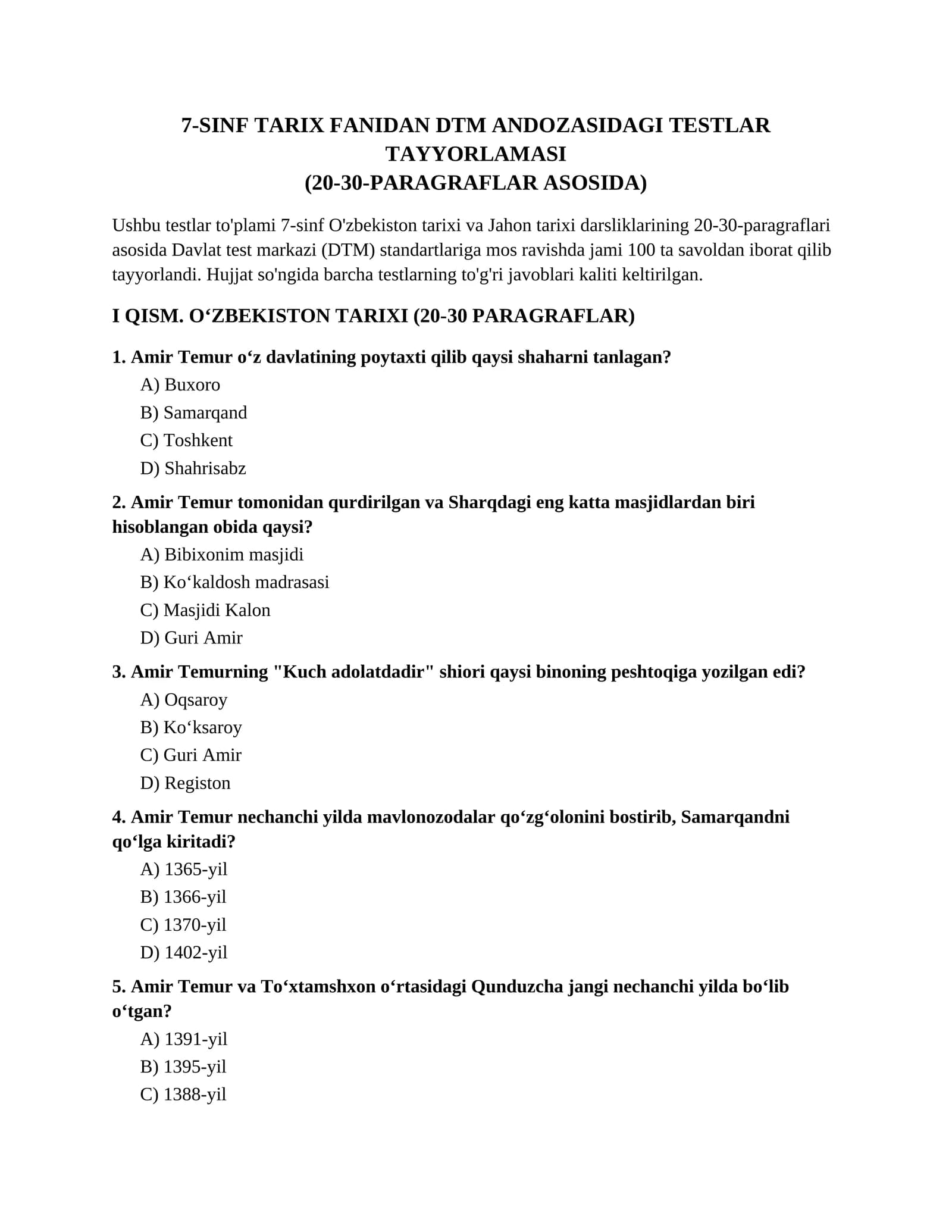 7-SINF TARIX FANIDAN DTM ANDOZASIDAGI TESTLAR TAYYORLAMASI6