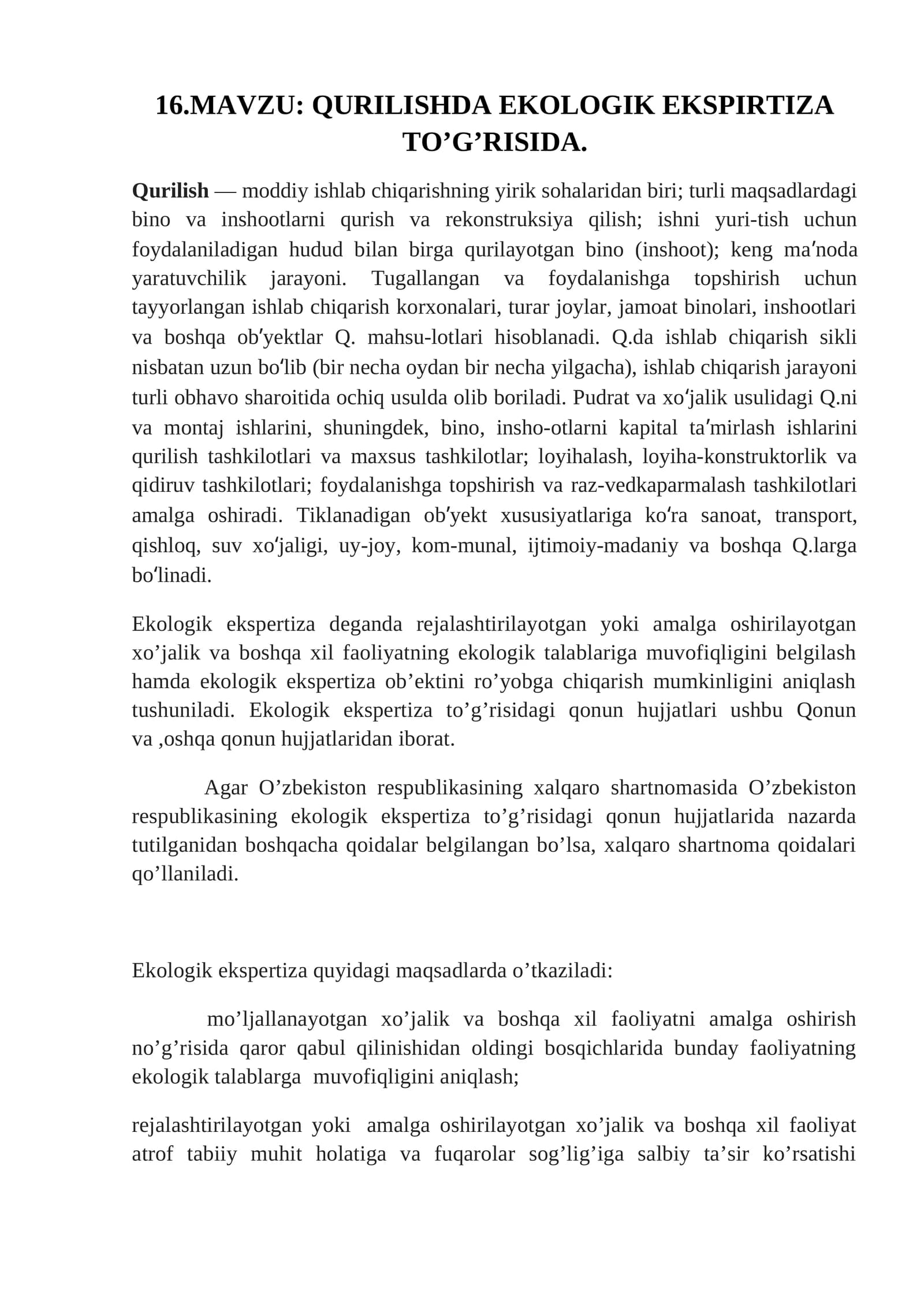 QURILISHDA EKOLOGIK EKSPIRTIZA TO’G’RISIDA