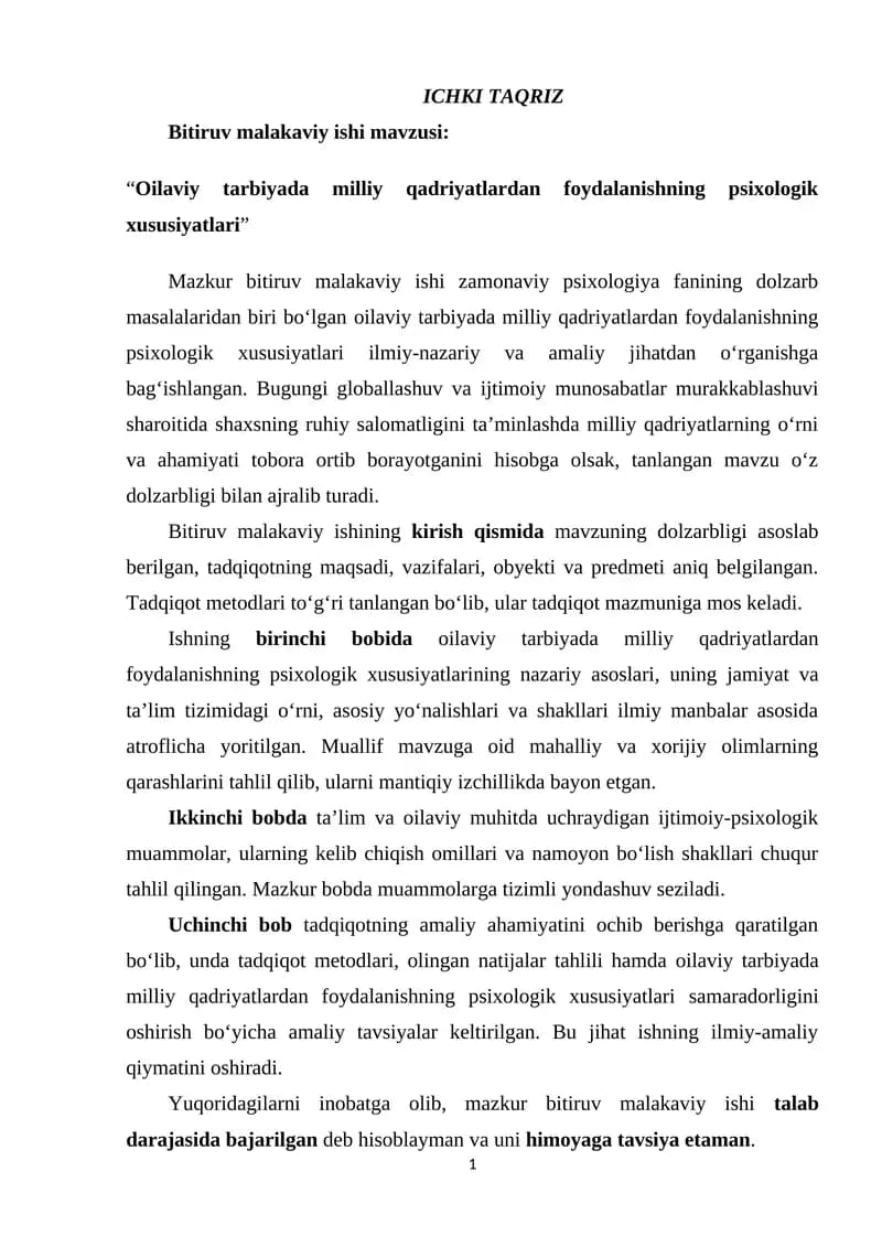 Oilaviy tarbiyada milliy qadriyatdan foydalanishning psixologik xususiyatlari