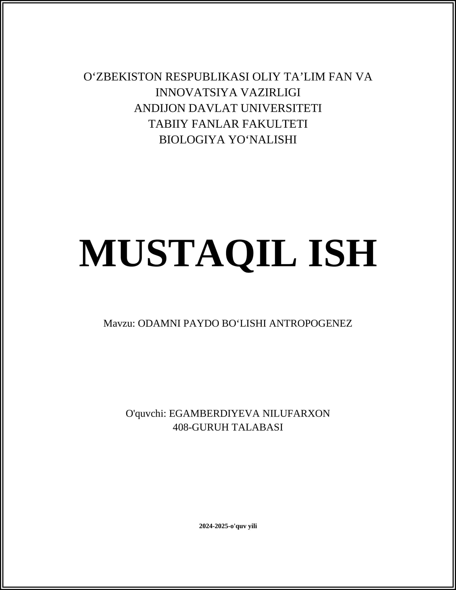ODAMNI PAYDO BO'LISHI ANTROPOGENEZ
