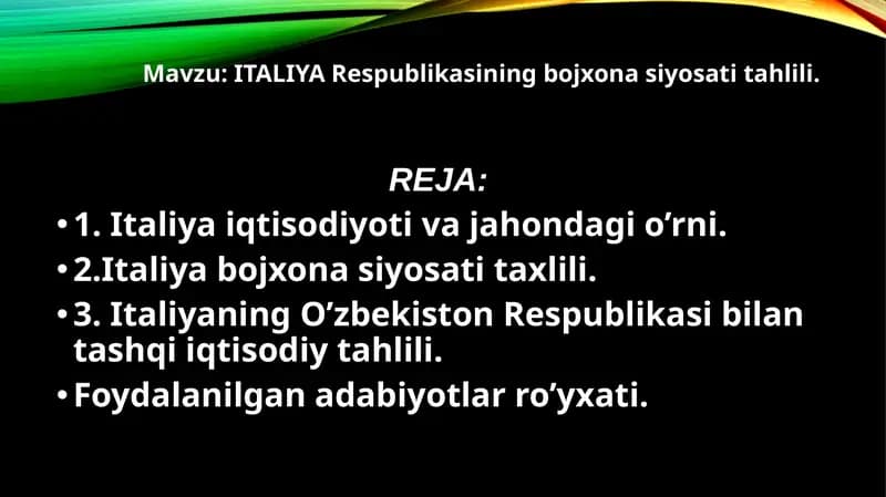 Italiya Respublikasining bojxona siyosati tahlili