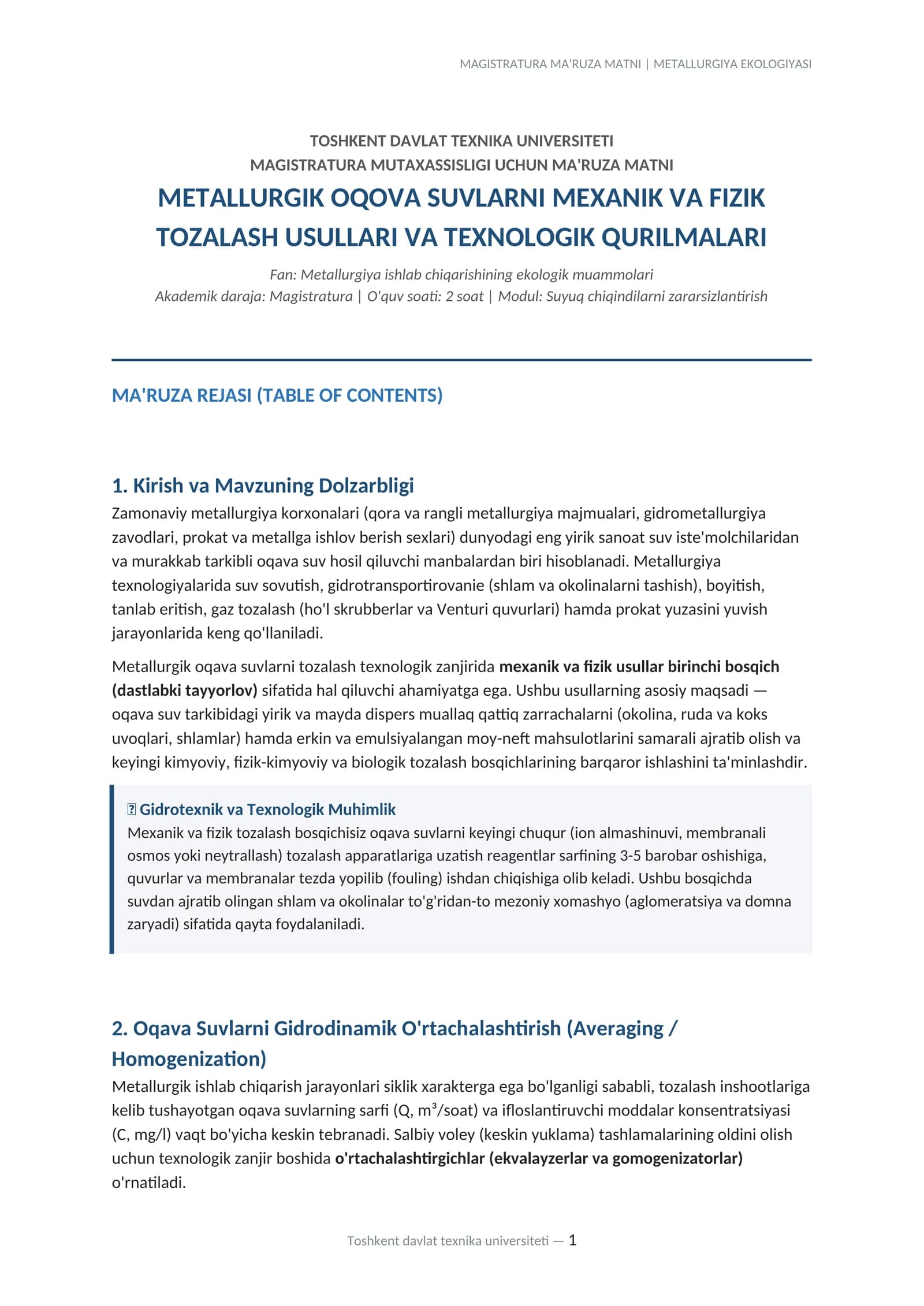 MAGISTRATURA MA'RUZA MATNI | METALLURGIYA EKOLOGIYASI