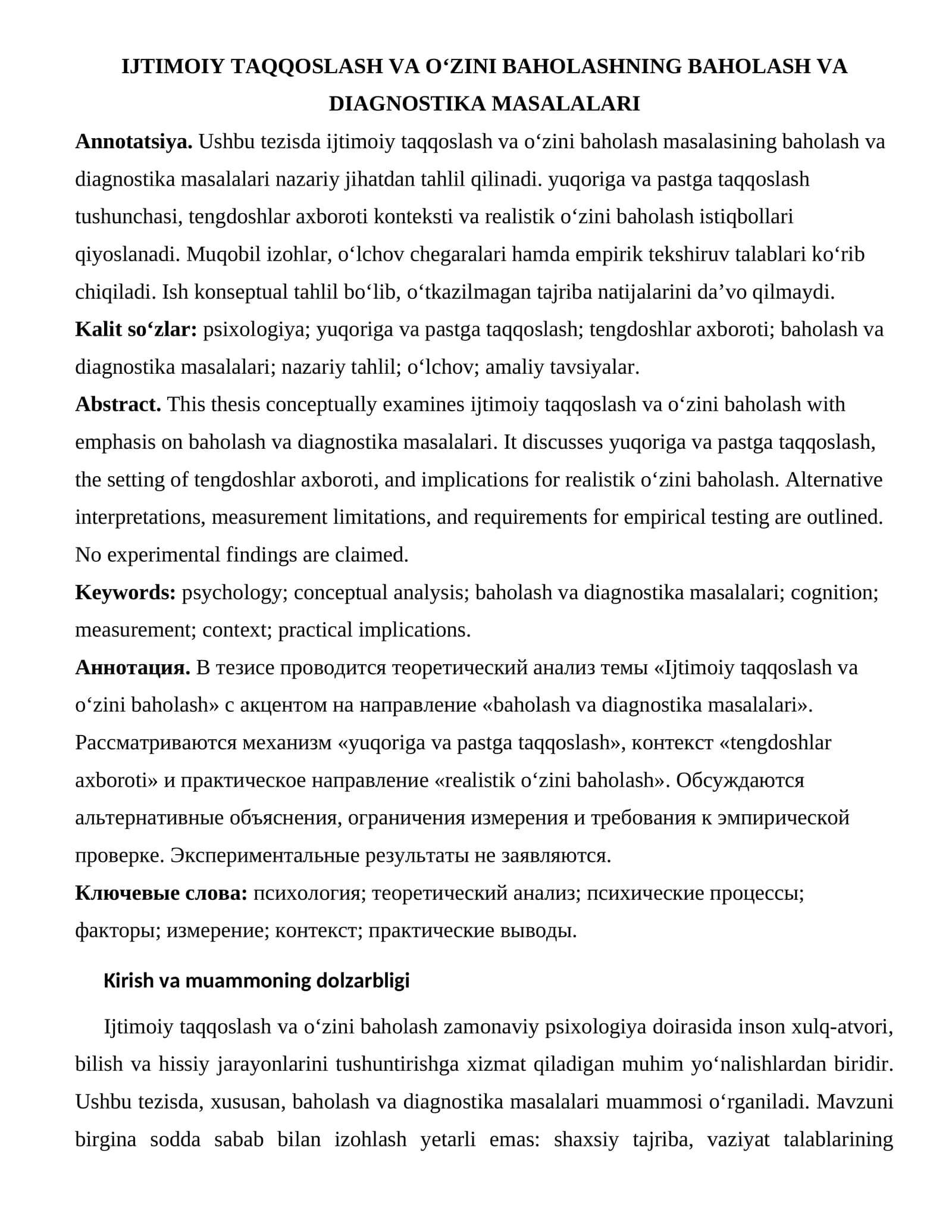 IJTIMOIY TAQQOSLASH VA O‘ZINI BAHOLASHNING BAHOLASH VA DIAGNOSTIKA MASALALARI