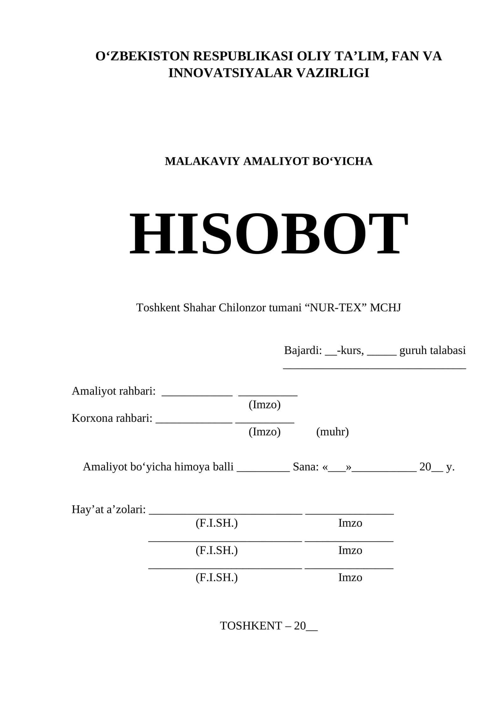 HISOBOT “NUR-TEX” MCHJ