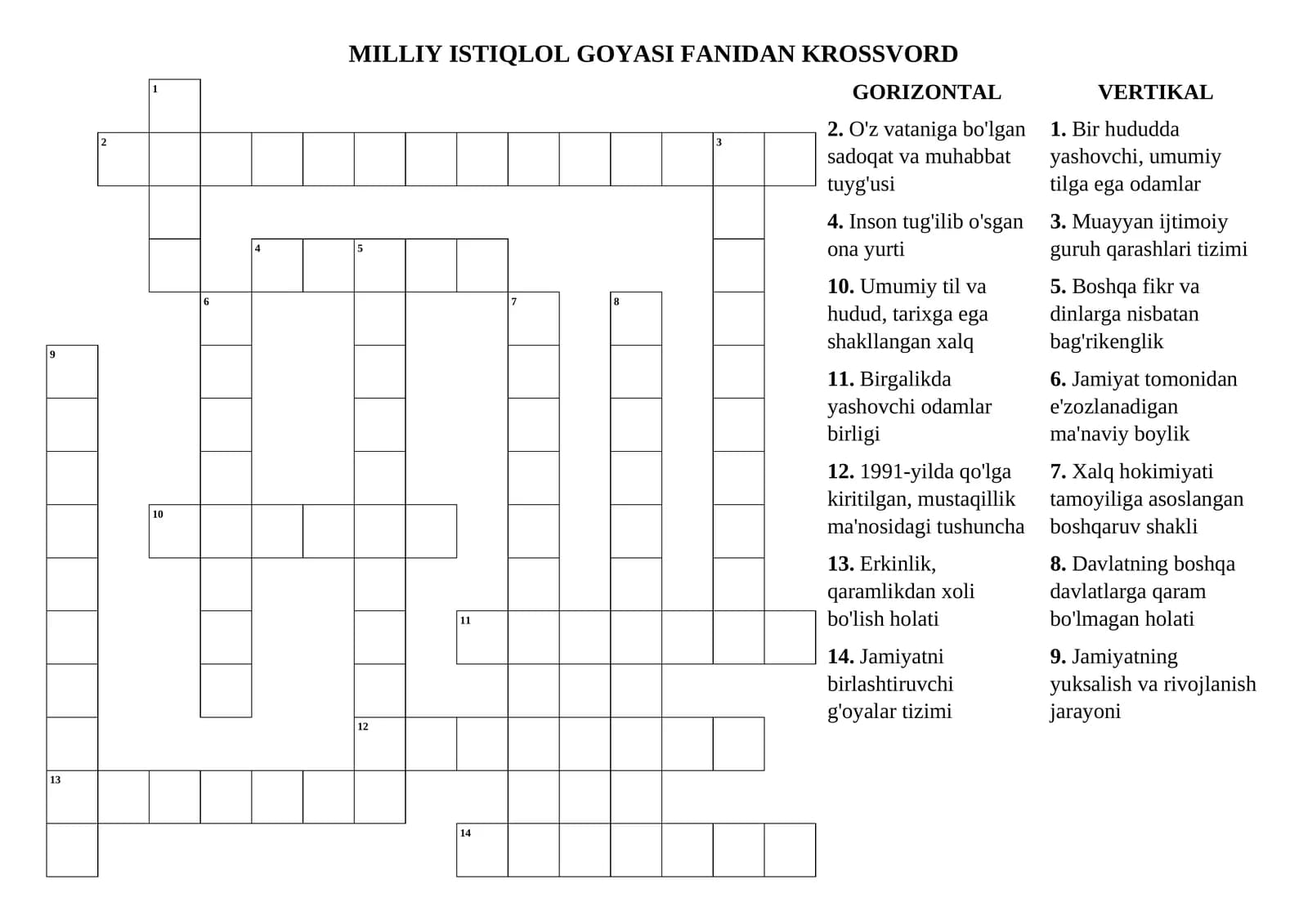 MILLIY ISTIQLOL G'OYASI FANIDAN KROSSVORD