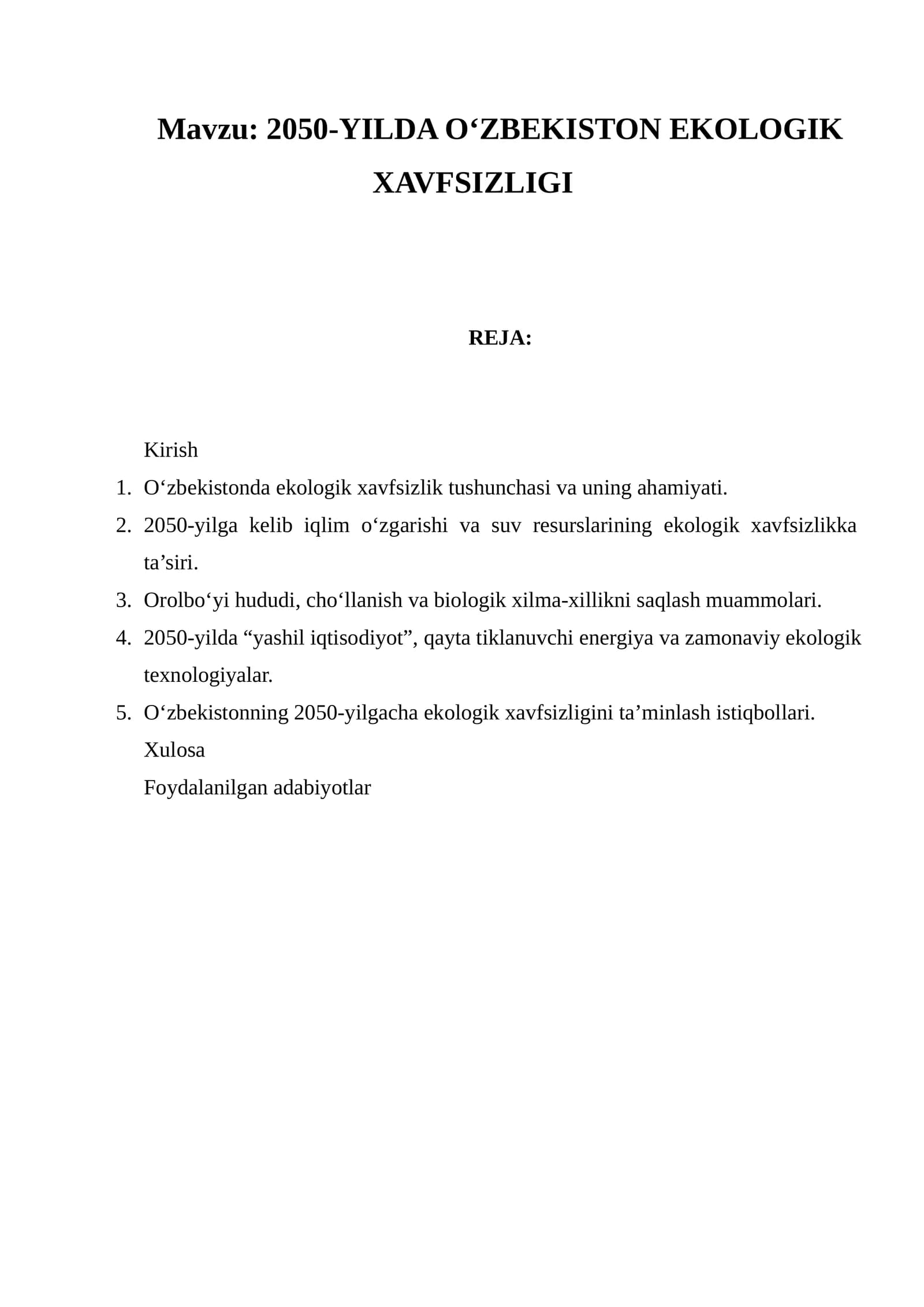 2050-YILDA O‘ZBEKISTON EKOLOGIK XAVFSIZLIGI