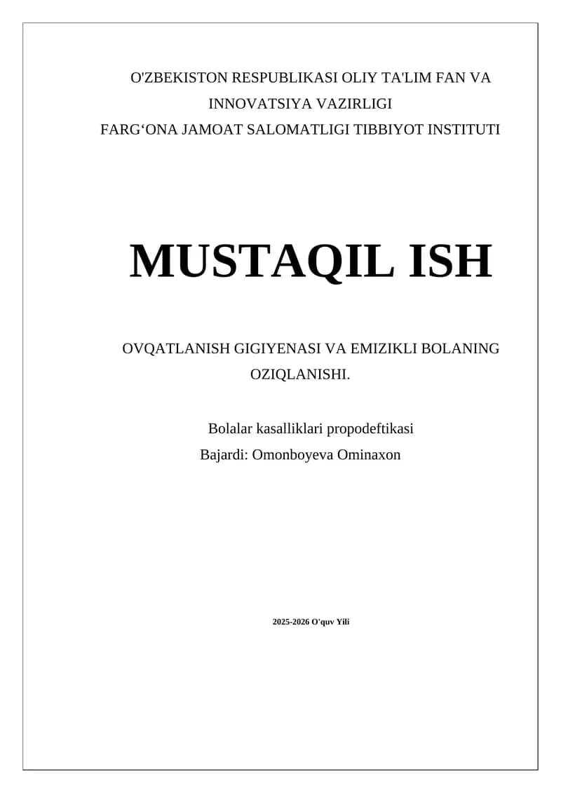Ovqatlanish Gigiyenasi va Emizikli Bolaning Oziqlanishi