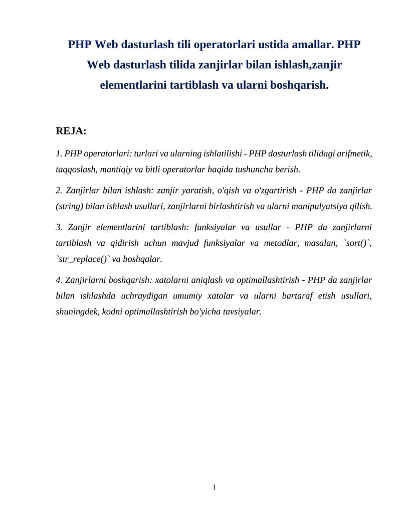 PHP Web dasturlash tili operatorlari ustida amallar