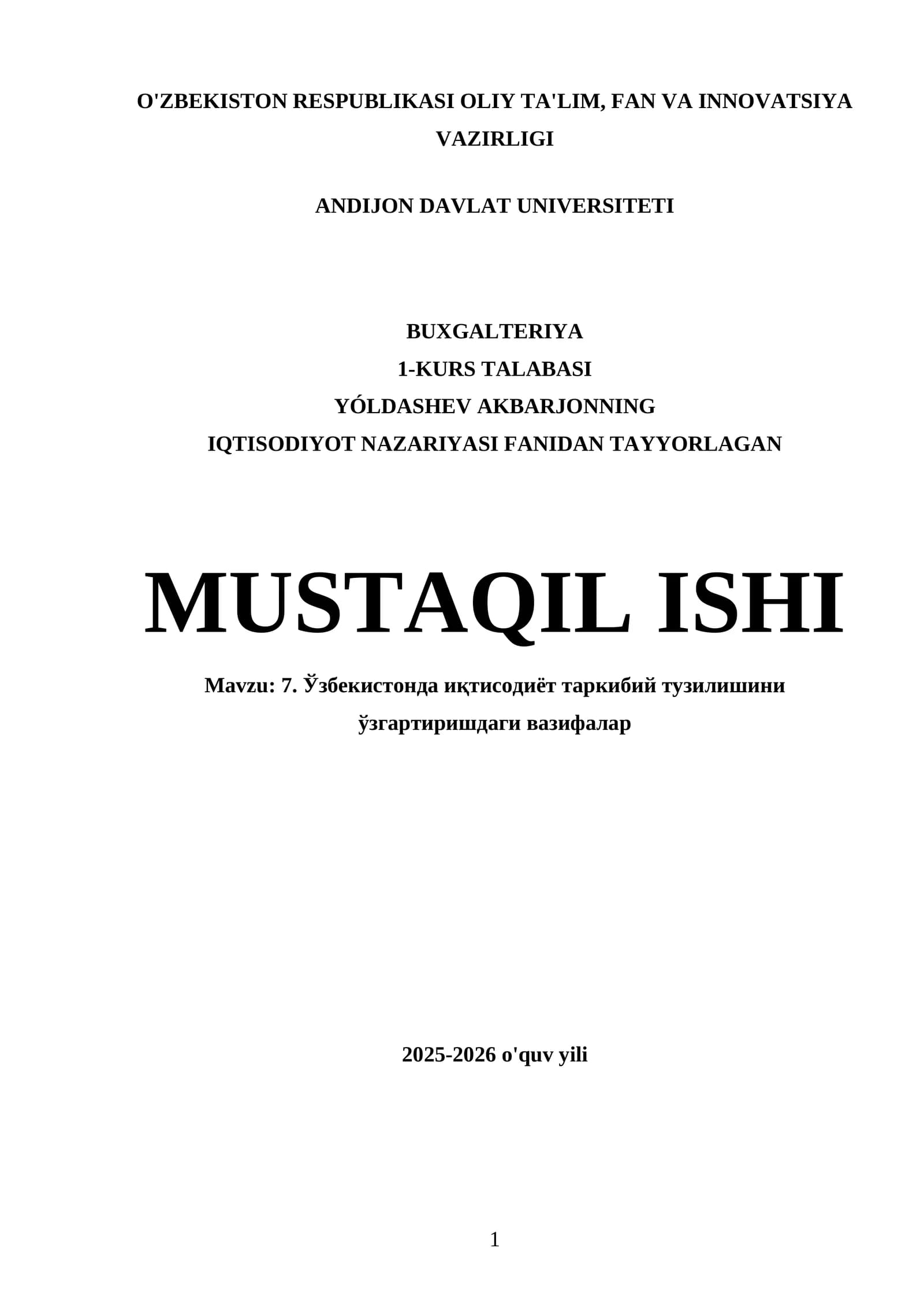 IQTISODIYOT NAZARIYASI FANIDAN TAYYORLAGAN MUSTAQIL ISHI
