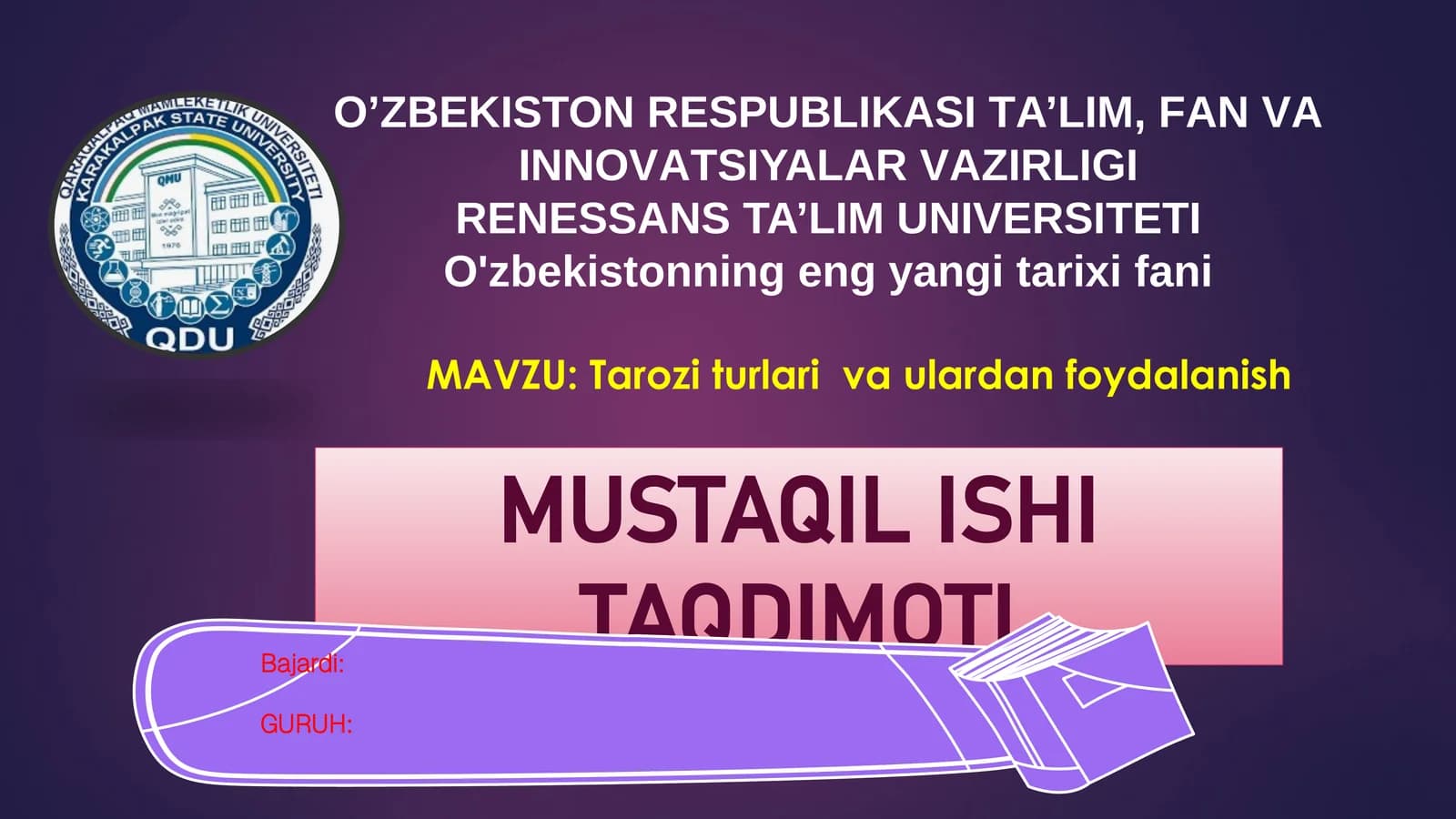 Tarozi turlari va ulardan foydalanish mavzusida Taqdimot