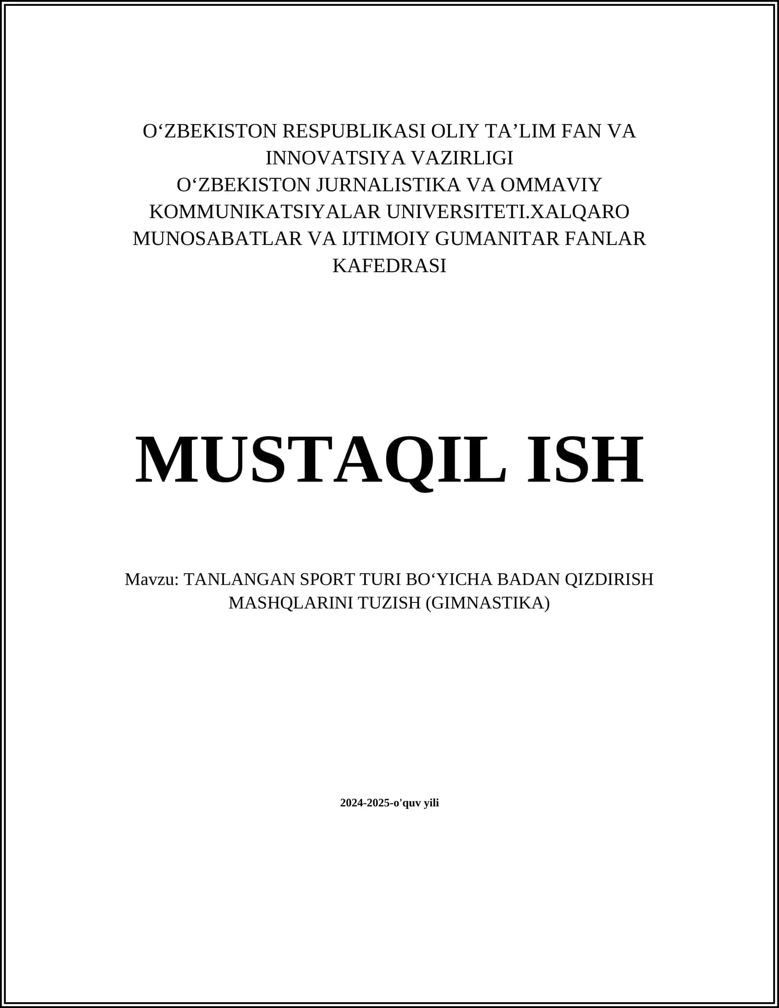 TANLANGAN SPORT TURI BOʻYICHA BADAN QIZDIRISH MASHQLARINI TUZISH (GIMNASTIKA)