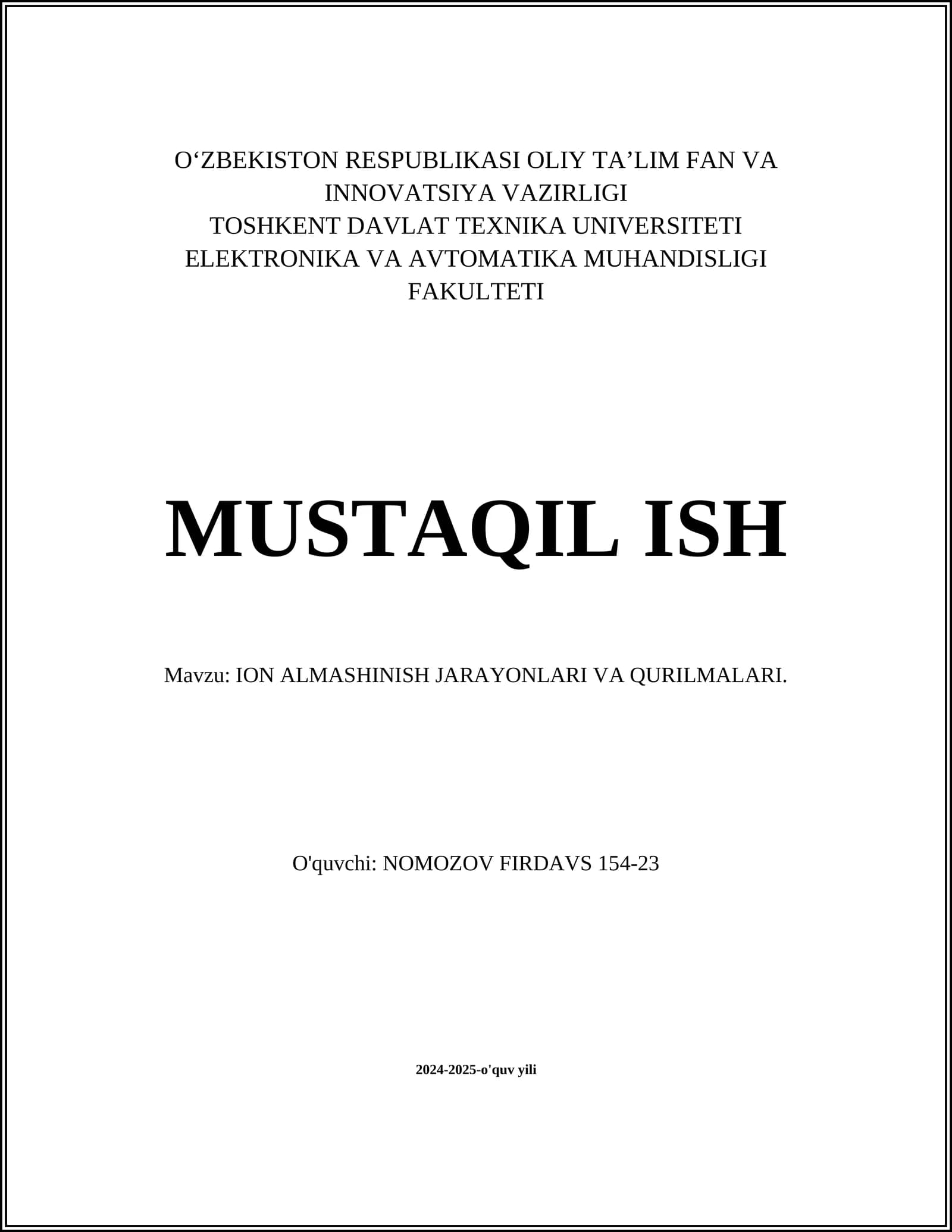 ION ALMASHINISH JARAYONLARI VA QURILMALARI