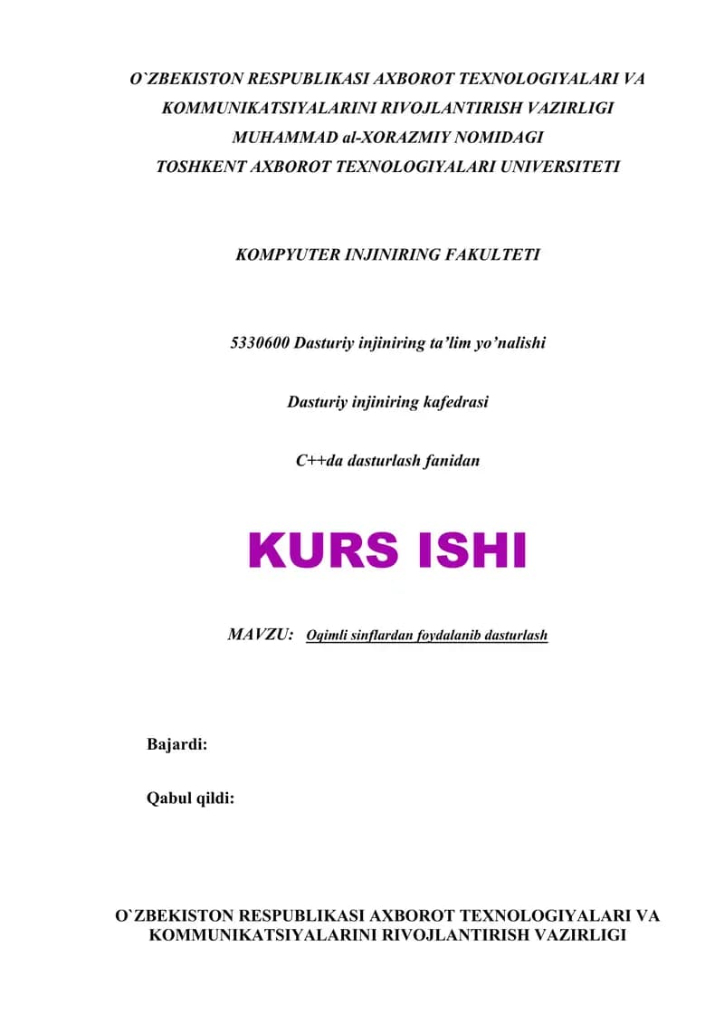 C++da dasturlash fanidan kurs ishi