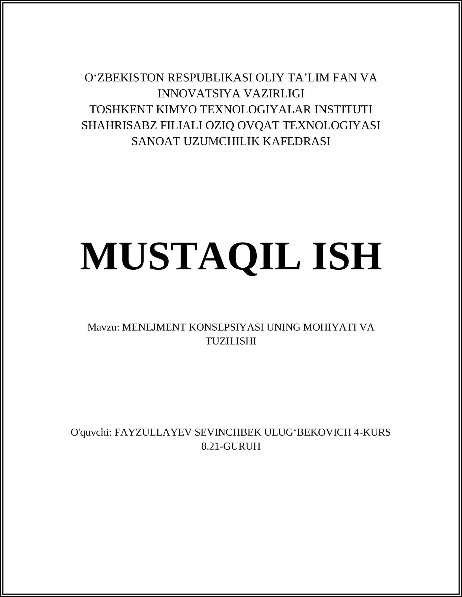MENEJMENT KONSEPSIYASI UNING MOHIYATI VA TUZILISHI