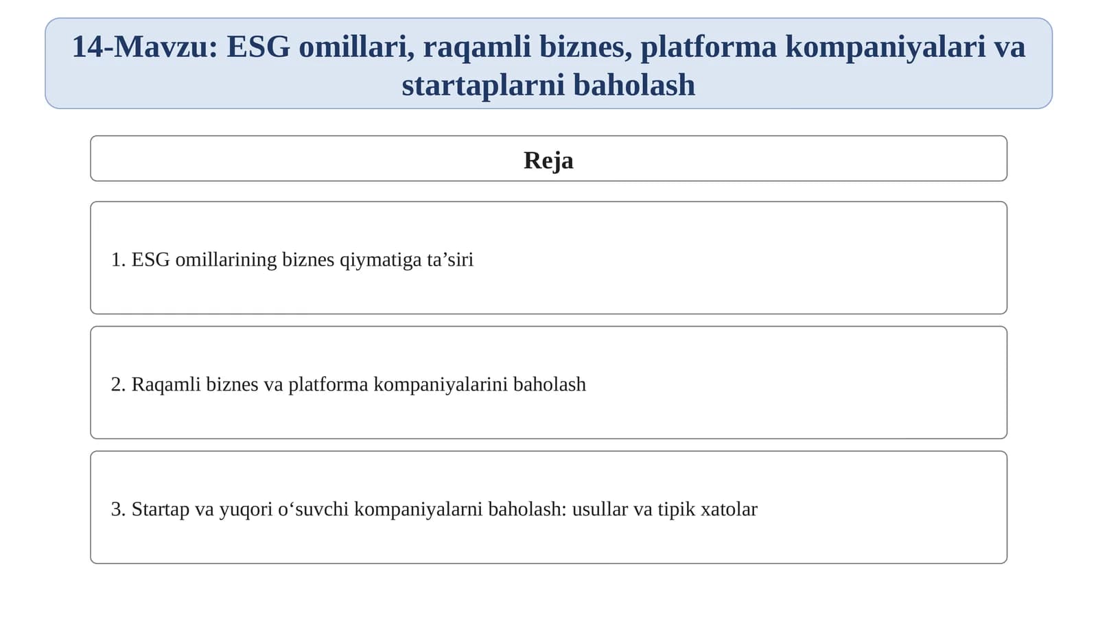 ESG omillari, raqamli biznes, platforma kompaniyalari va startaplarni baholash