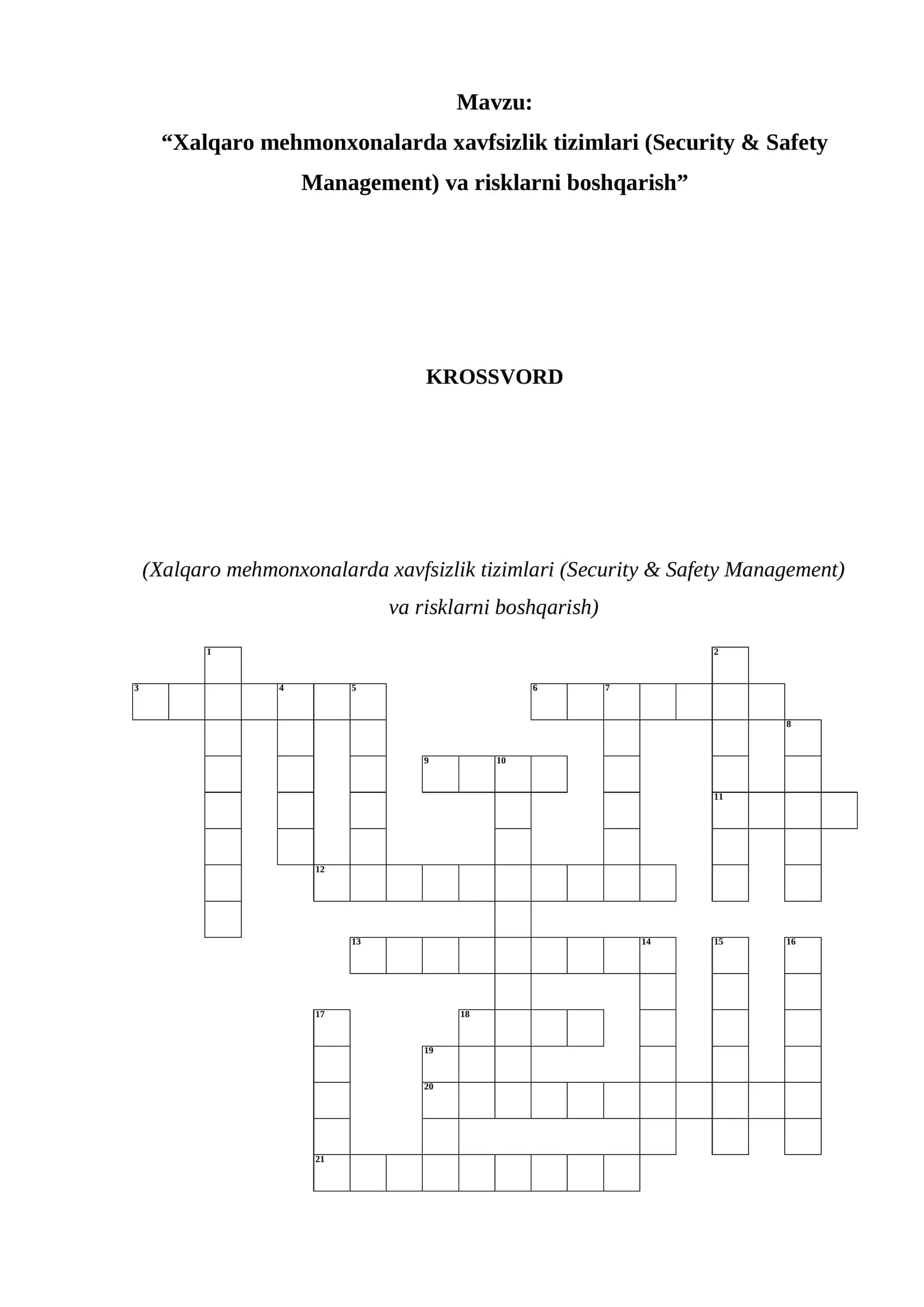 Xalqaro mehmonxonalarda xavfsizlik tizimlari (Security & Safety Management) va risklarni boshqarish