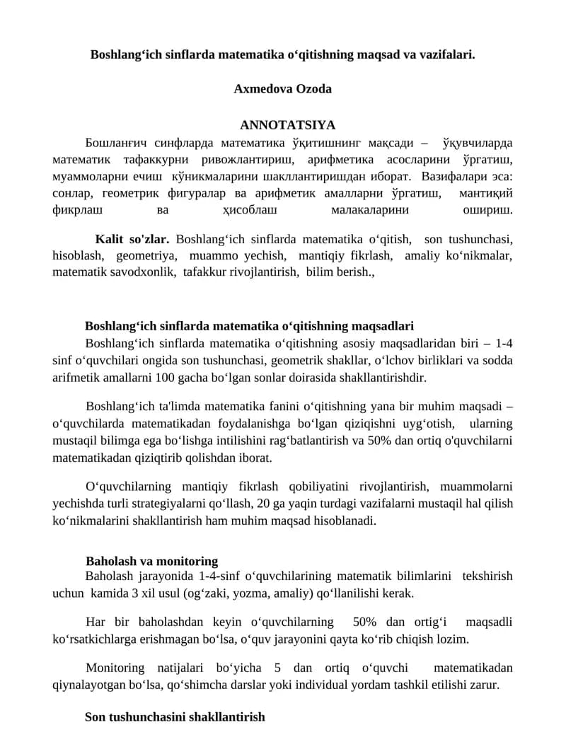 Boshlangʻich sinflarda matematika oʻqitishning maqsad va vazifalari