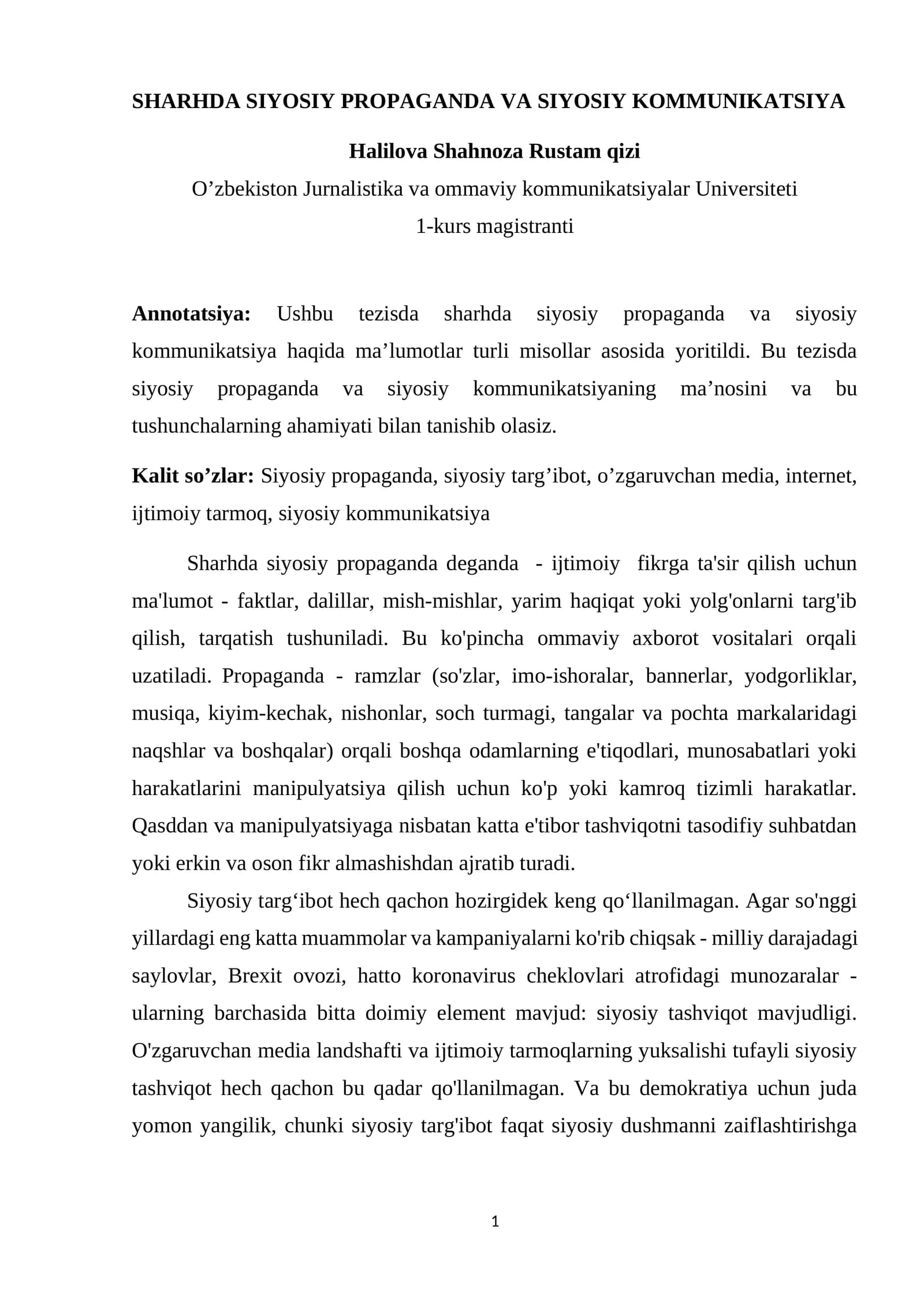 SHARHDA SIYOSIY PROPAGANDA VA SIYOSIY KOMMUNIKATSIYA