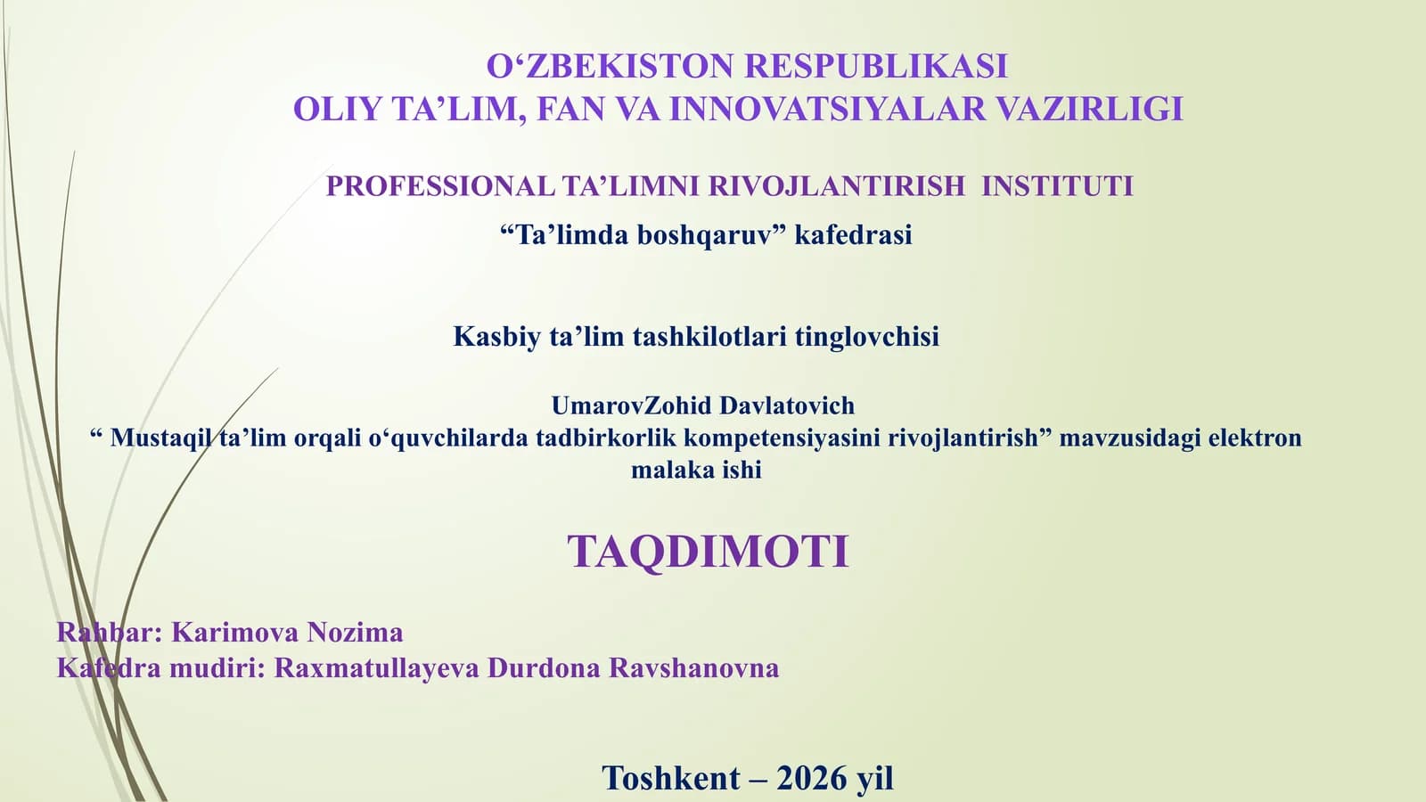 "Mustaqil ta’lim orqali o‘quvchilarda tadbirkorlik kompetensiyasini rivojlantirish"