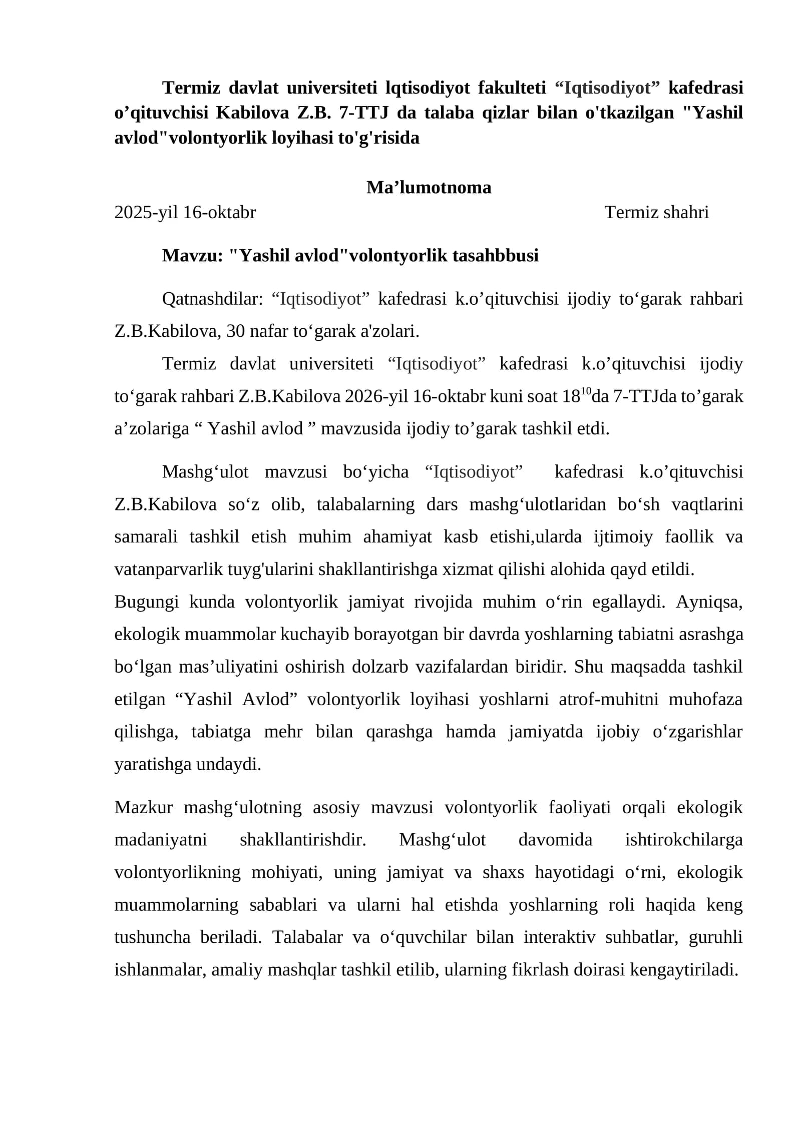 "Yashil avlod" volontyorlik loyihasi