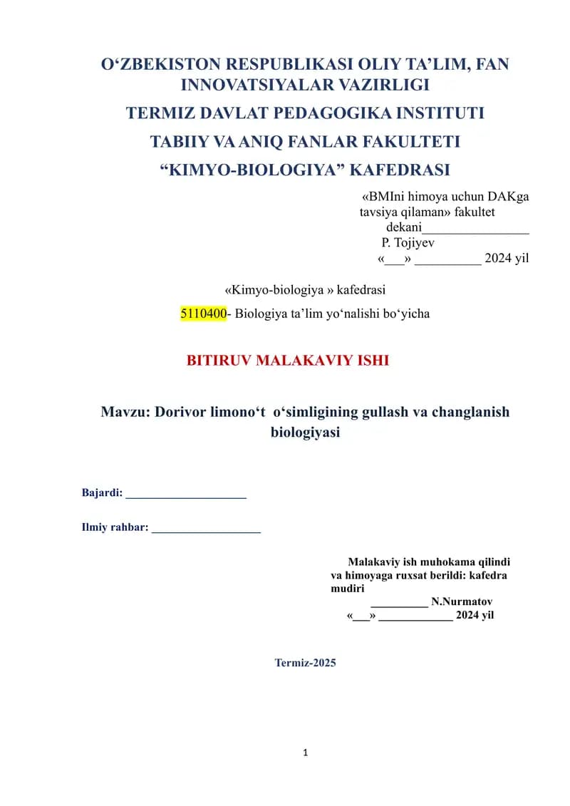 Dorivor limono‘t  o‘simligining gullash va changlanish biologiyasi