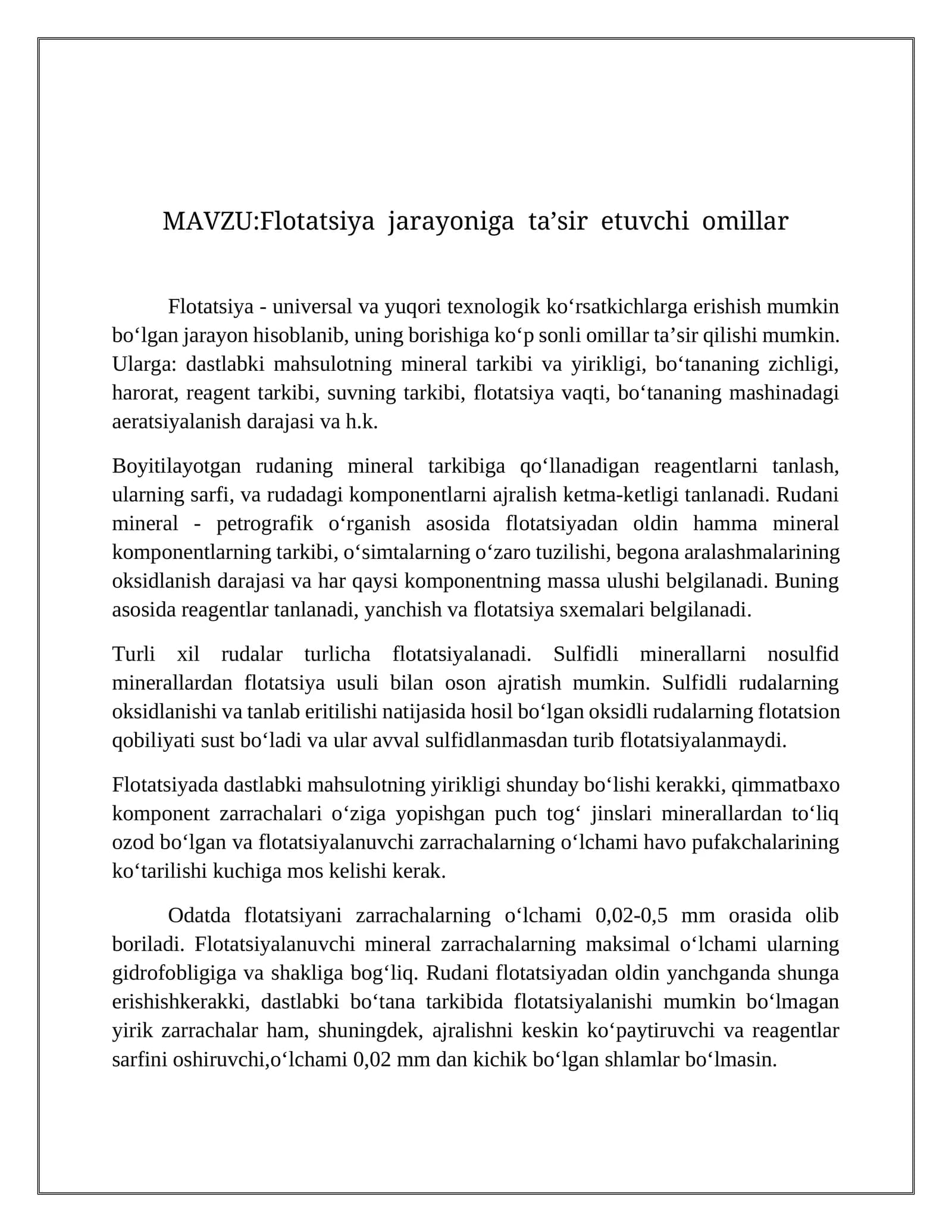 Flоtatsiya jаrаyonigа tа’sir etuvchi оmillаr