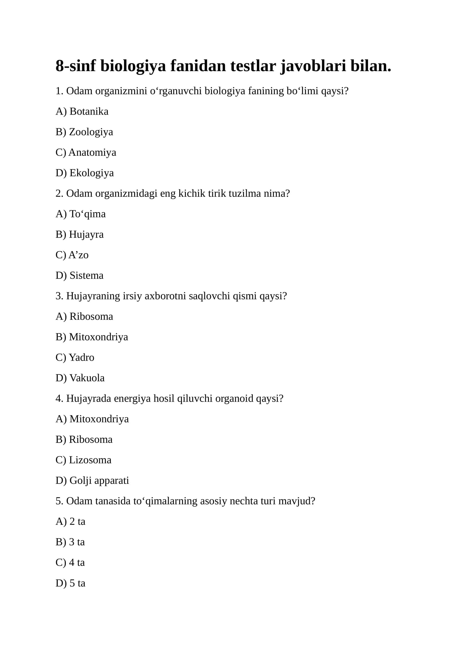 8-sinf Biologiya Testlar Javoblari