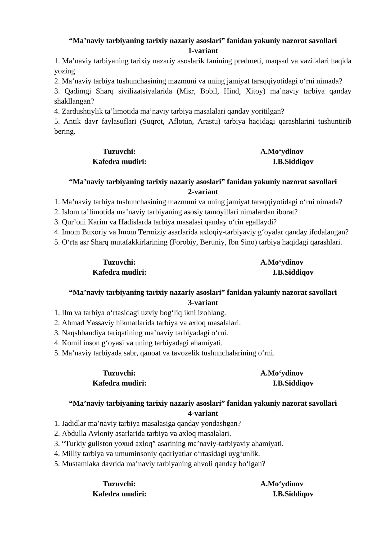 Ma’naviy tarbiyaning tarixiy nazariy asoslari (Variant 1)