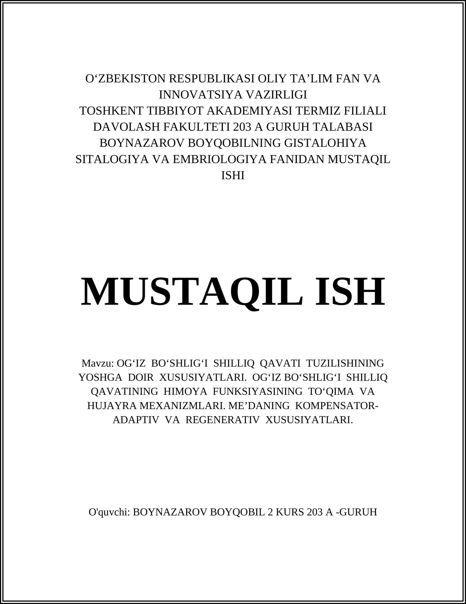 OGʻIZ BOʻSHLIGʻI SHILLIQ QAVATI TUZILISHINING YOSHGA DOIR XUSUSIYATLARI